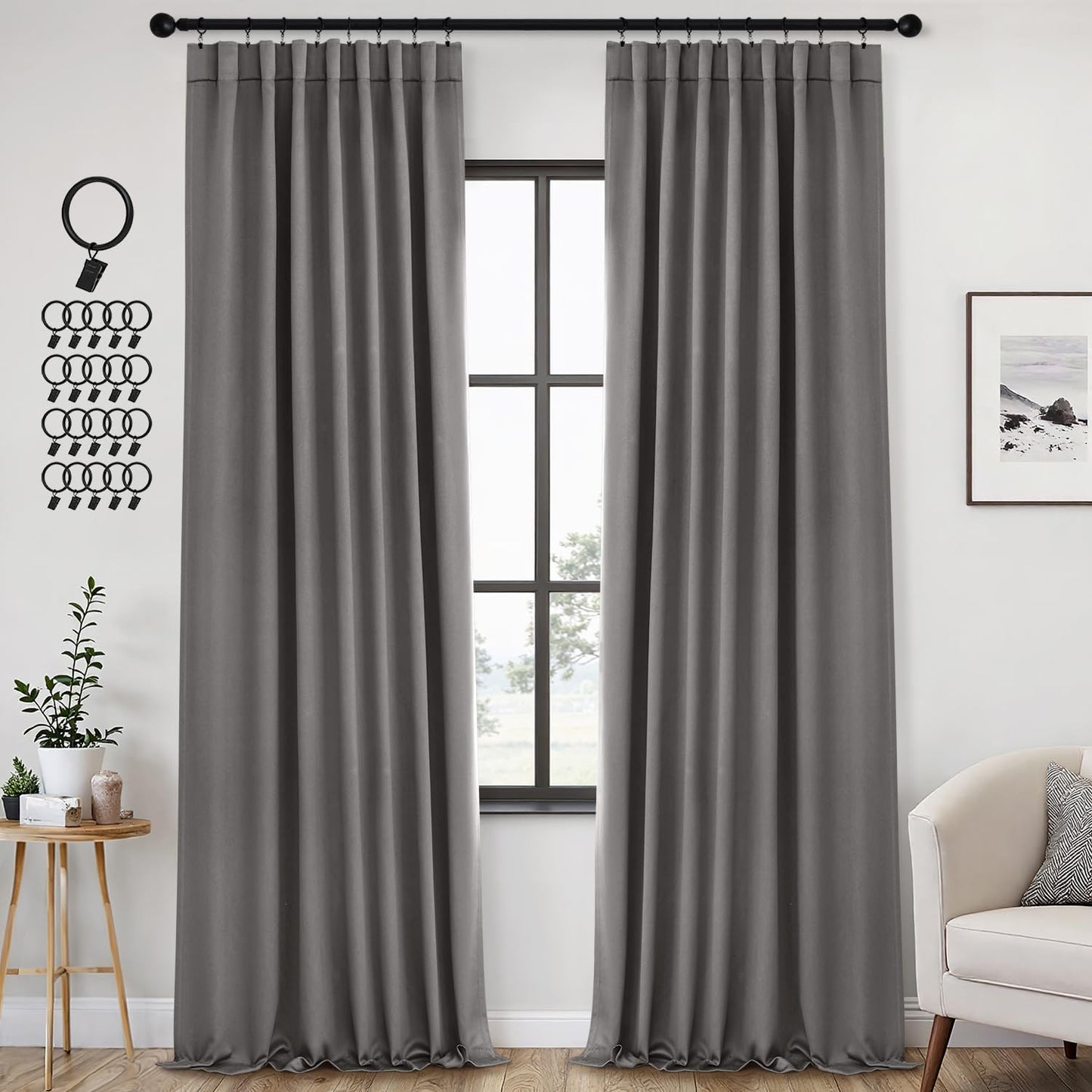 ANRODUO Back Tab Blackout Curtains for Bedroom Living Room, Rod Pocket Pinch Pleated Thermal Insulated Room Darkening Curtains 94 Inches Long 2 Panels, Grey, 42 x 94 Inch