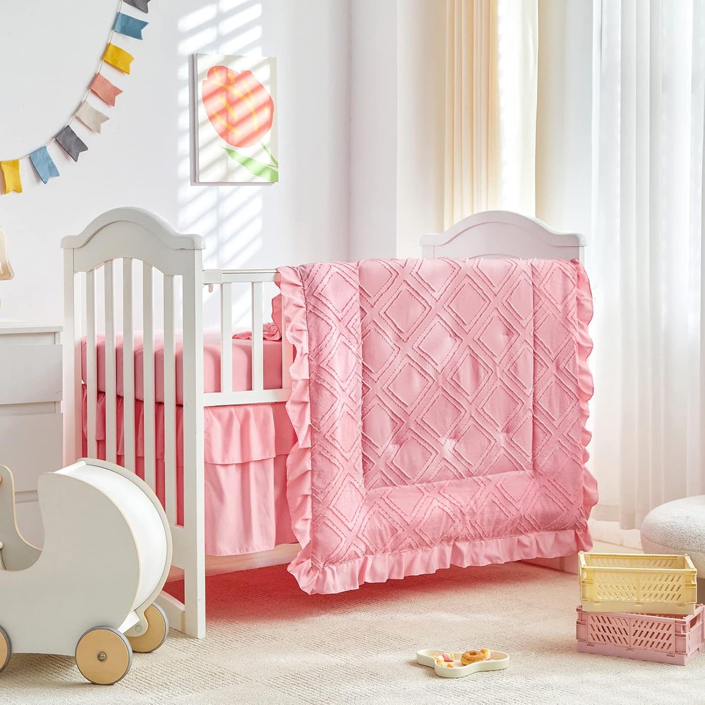 Tufted Ruffle Crib Bedding Set 3 Pieces Baby Boho Quilted Comforter with Fitted Sheet and Bed Skirt - Cute Ruffled Shabby Chic Baby Bedding Soft Blanket Design Pink