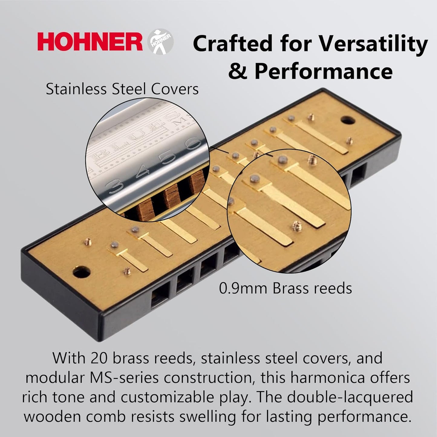 Hohner 532 Blues Harp MS Harmonica - Key of C Bundle with Case, Pouch, Austin Bazaar Online Manual, and Polishing Cloth