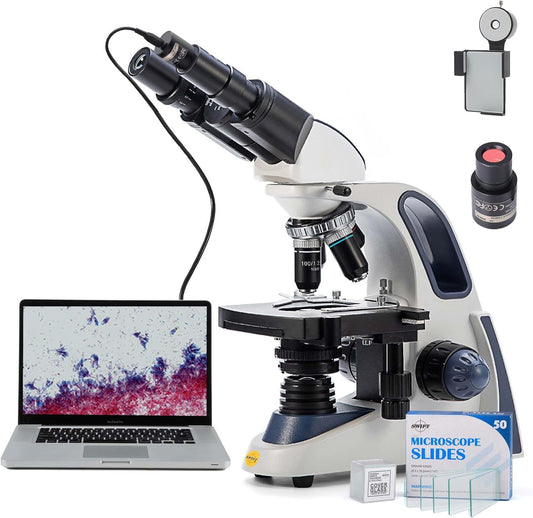 SWIFT SW380B Binocular Compound Microscope,40X-2500X with 1.3MP Camera,100pcs Microscope Slides,Microscope Kit for Students School Lab