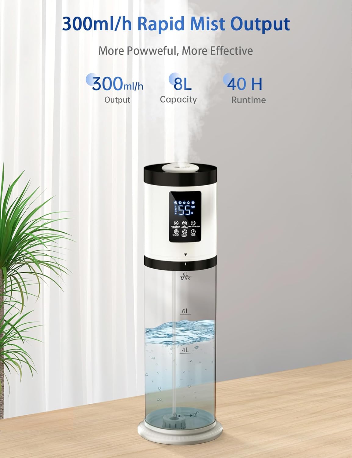 8L Humidifier for Large Room Bedroom with Transparent Water Tank, Last 48 Hours Suitable for Indoor Plant, Cover up to 500ft², Cool Mist Humidifier with 7-color Ambient Light, Top Fill, Quiet, Home