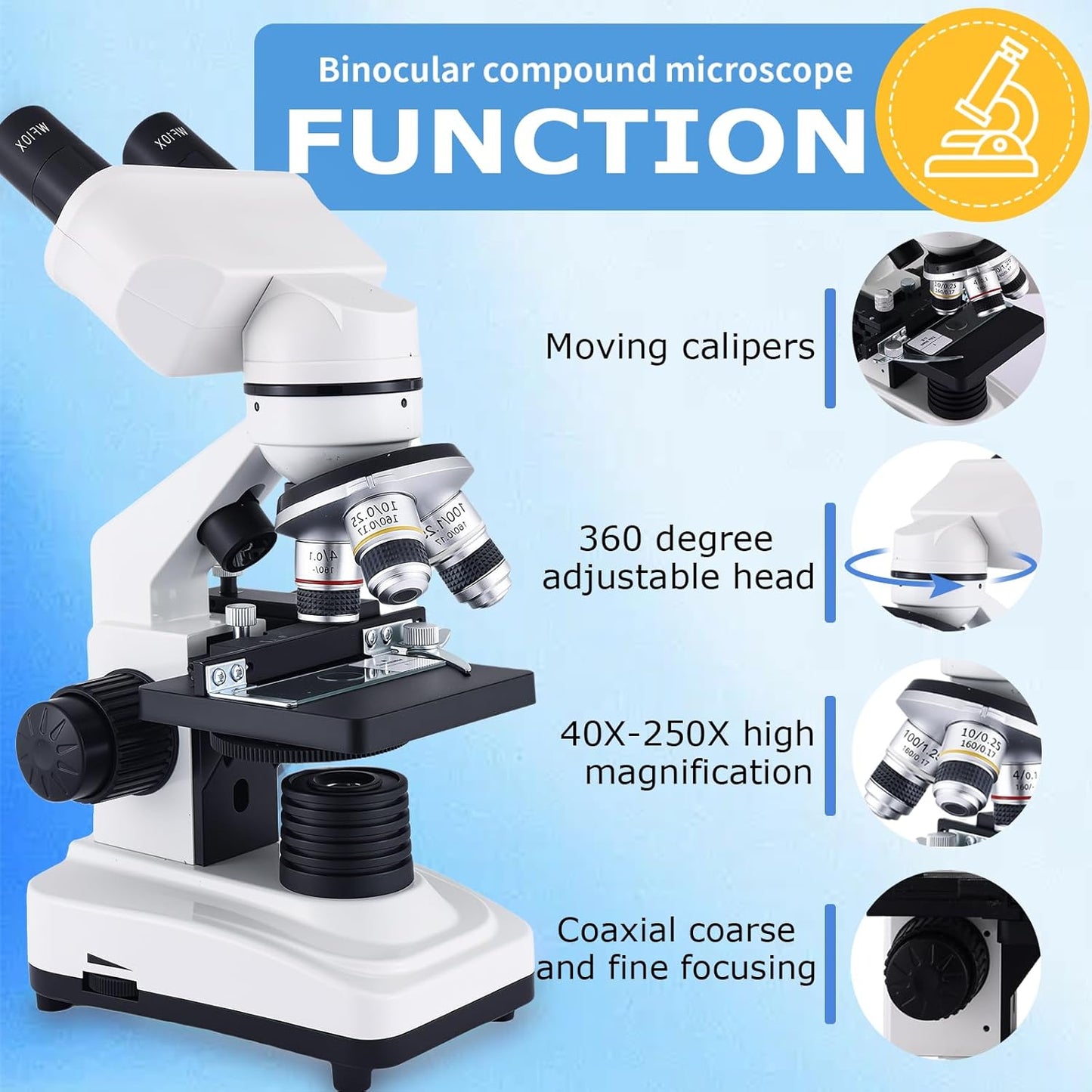 Microscope Magnification 40X-2500X WF25x Eyepieces, Dual LED Illumination, Microscope for Adults, Binocular Microscope for Schools, Homes, Labs, Education