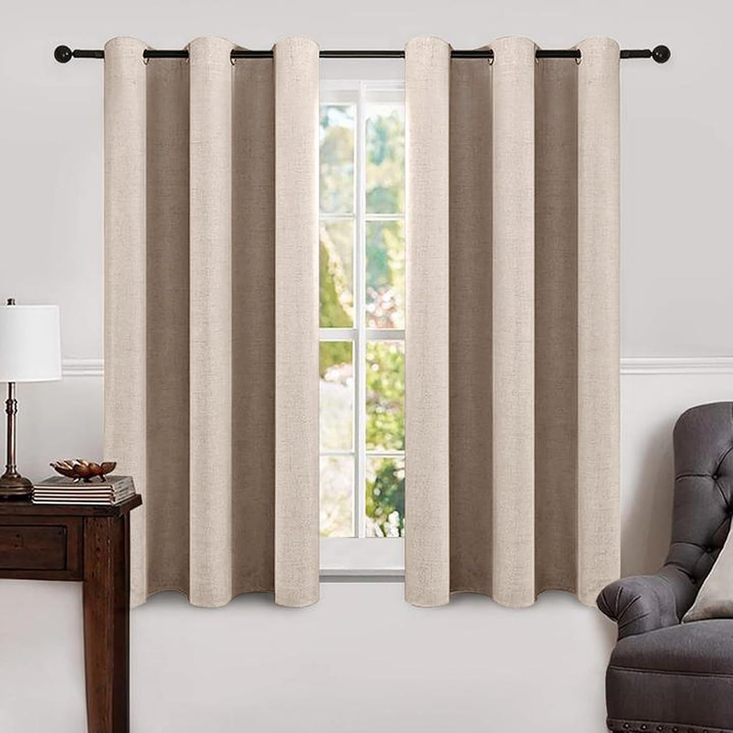 MIULEE Linen Texture Curtains Soild 100% Blackout Thermal Insulated Natural Beige Curtains Grommet Room Darkening Drapes for Living Room Bedroom Nursery 42 x 63 (2 Panels)
