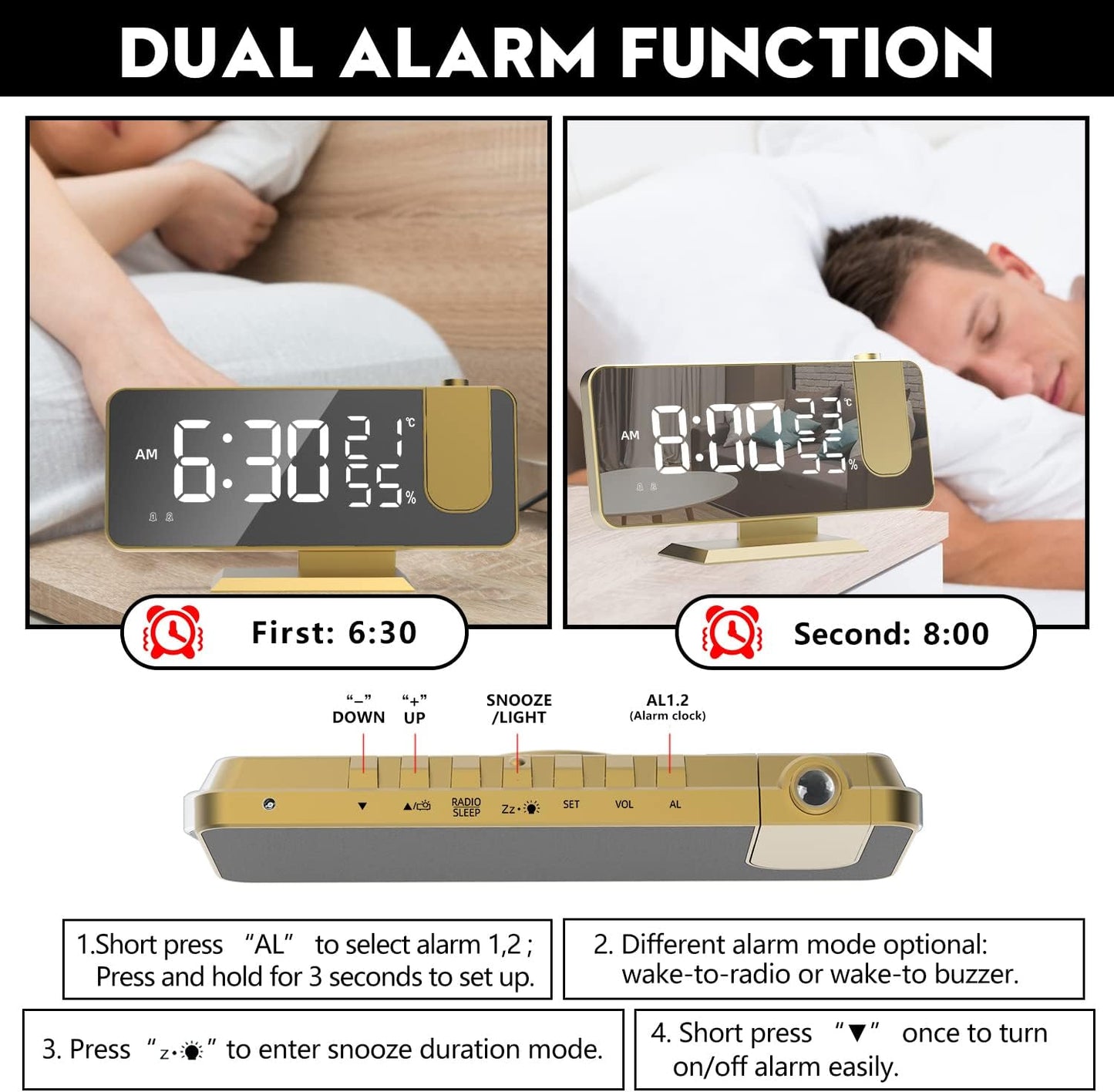 Projection Digital Alarm Clock for Bedrooms, Alarm Clock Radio on Ceiling, USB Charger Port, Temperature & Humidity Display, 7.3” Large Mirror LED Display,12/24H,Snooze,Dual Loud Clock- 4 Dimmer