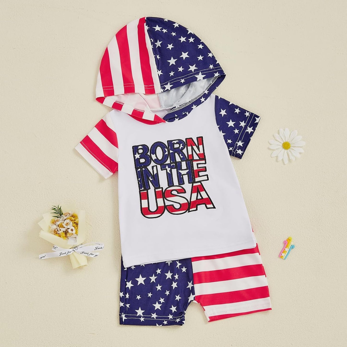 Toddler Baby Boy Summer Hooded Outfit Contrast Color Short Sleeve T Shirt Top Elastic Shorts Summer Clothes Set