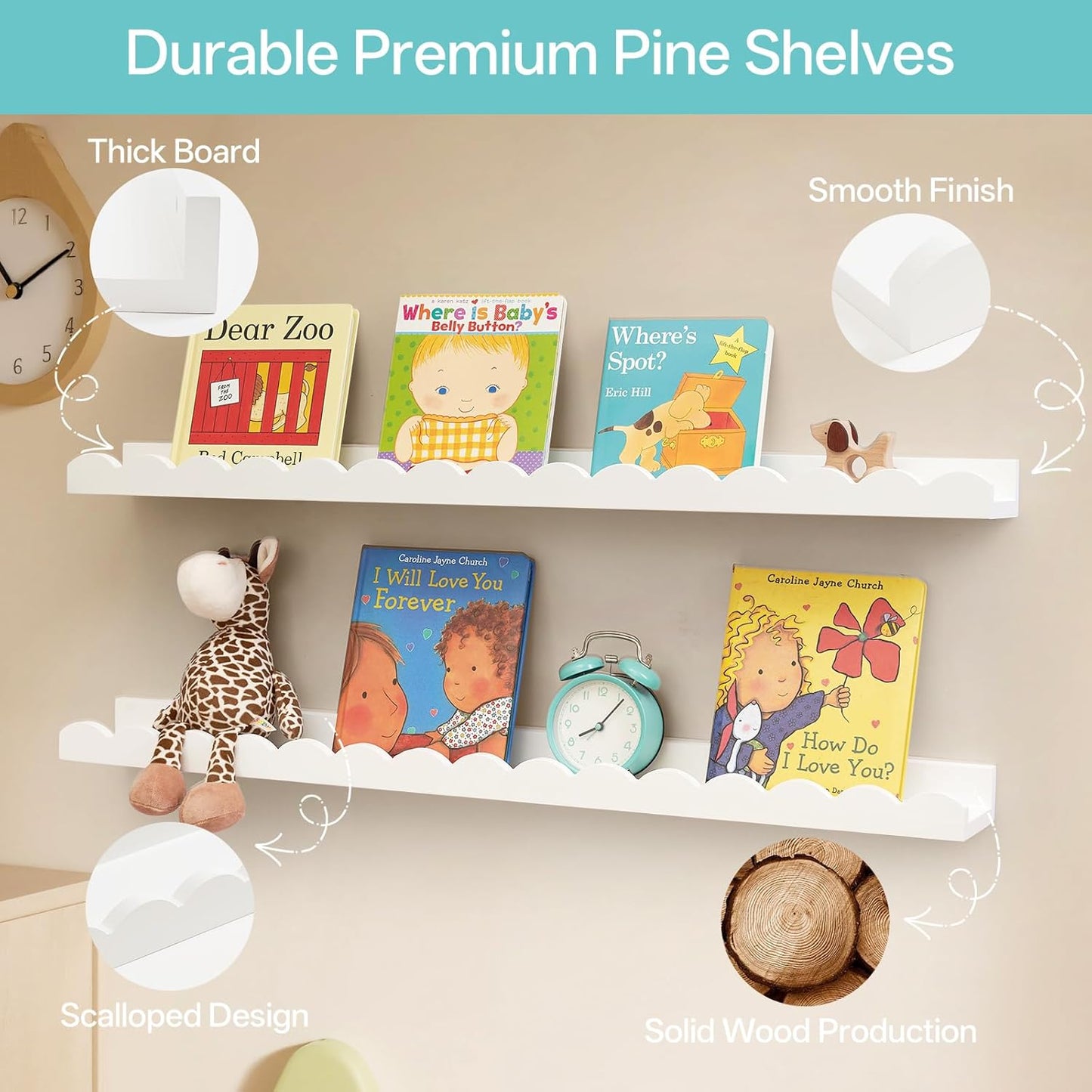 Scalloped Baby Book Shelf,Floating Shelves for Wall Set of 4 Solid Pine Wood Nursery Bookshelves with Wave Lip for Bedroom Kids, Toddler Room, Baby Room, Nursery Decor(White,40cm)