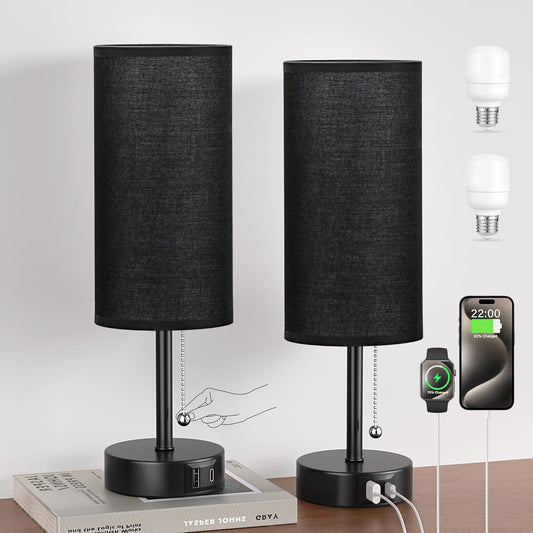 Black Bedside Lamps for Bedroom Set of 2 - Nightstand Table Lamp with USB Charging Port, Pull Chain Night Stand Light, Side Table Desk Reading Lamp for Living Room/Dorm/Bathroom/Kitchen
