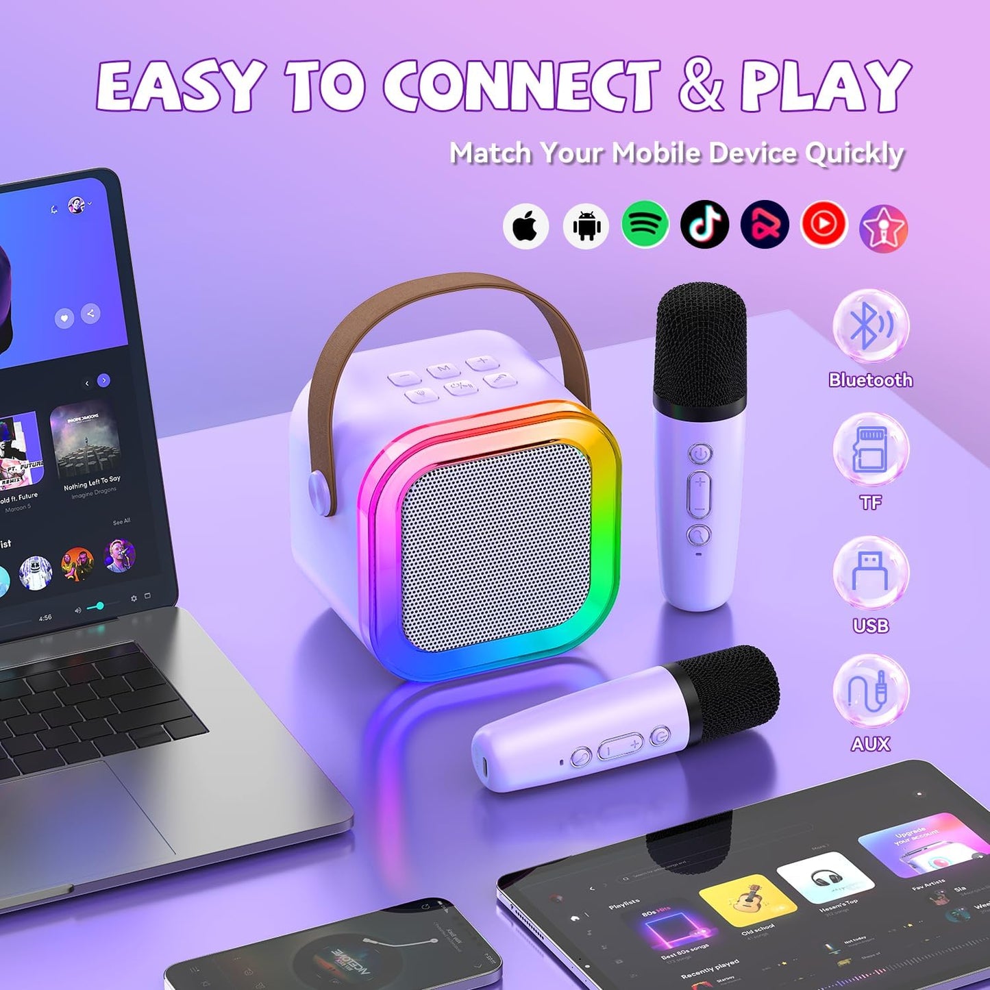 【2025 Newest】 Mini Karaoke Machine for Kids Girls & Boys - Portable Bluetooth Speaker with 2 Wireless Microphones - Kids Birthday Gifts for Ages 4-10 - Kids' Instrument Accessories - Purple