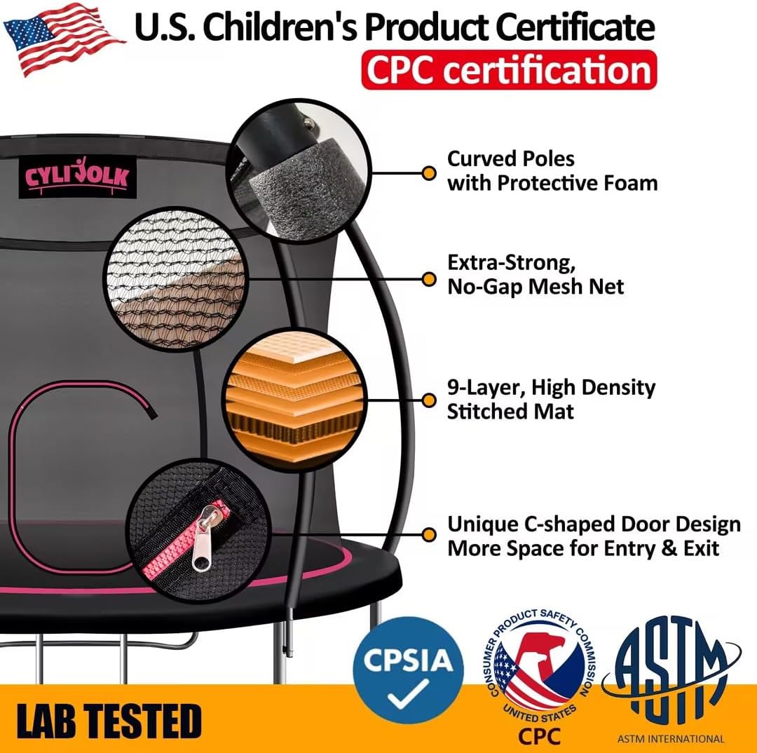 Trampoline for Kids, Heavy Duty Recreational Trampolines Toddler Trampoline with Enclosure Net Ladder Indoor Outdoor Trampoline CPC Approved