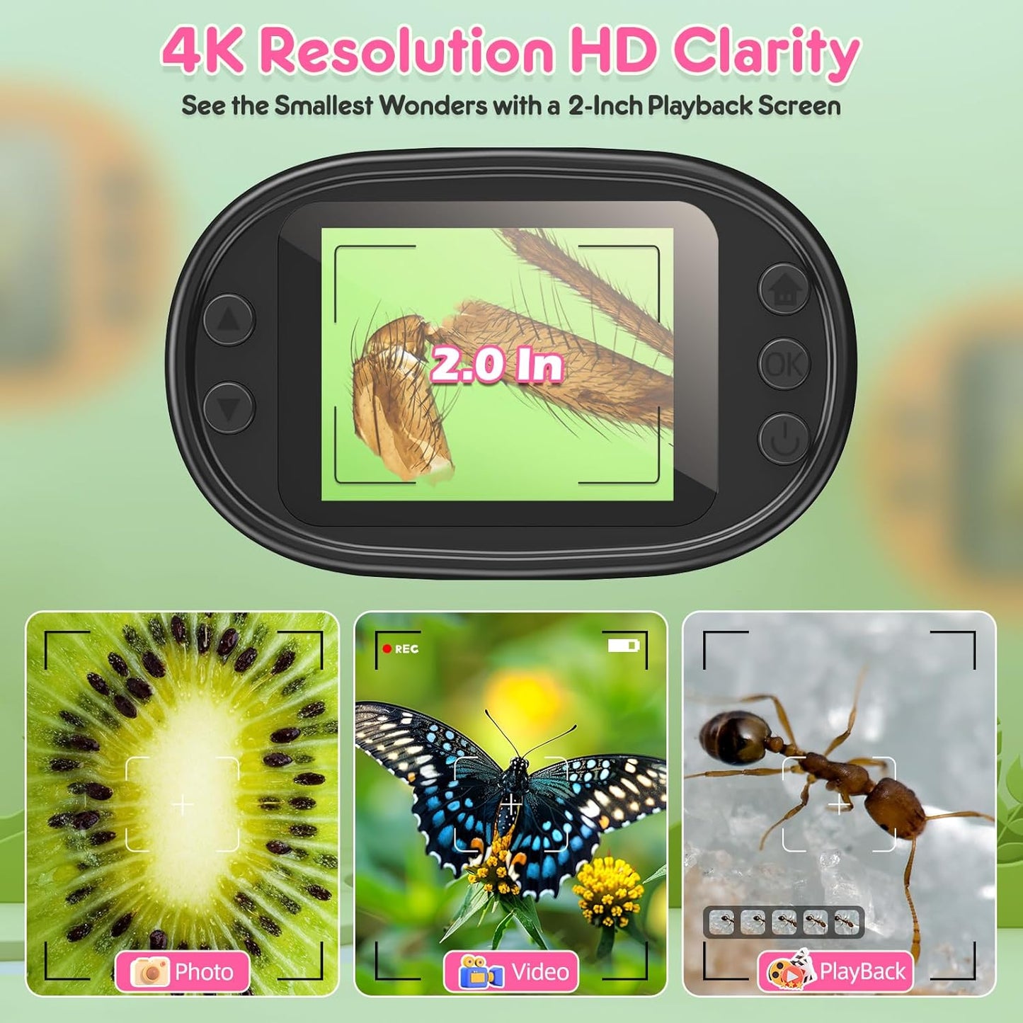 1000X Handheld Microscope for Kids 4K 2.0" Screen Rechargeable Mini Pocket Digital Microscopes w/Slides Kit Portable Edu Gift Age 4-6 8-12 Children Students (Pink)