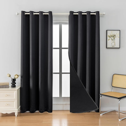 Anytime 100% Blackout Curtain Set, Thermal Insulated & Energy Efficiency Window Draperies for Guest Room, Full Shading Panels for Shift Worker and Light Sleepers（Black, 2 Panels, 52W x 108L）