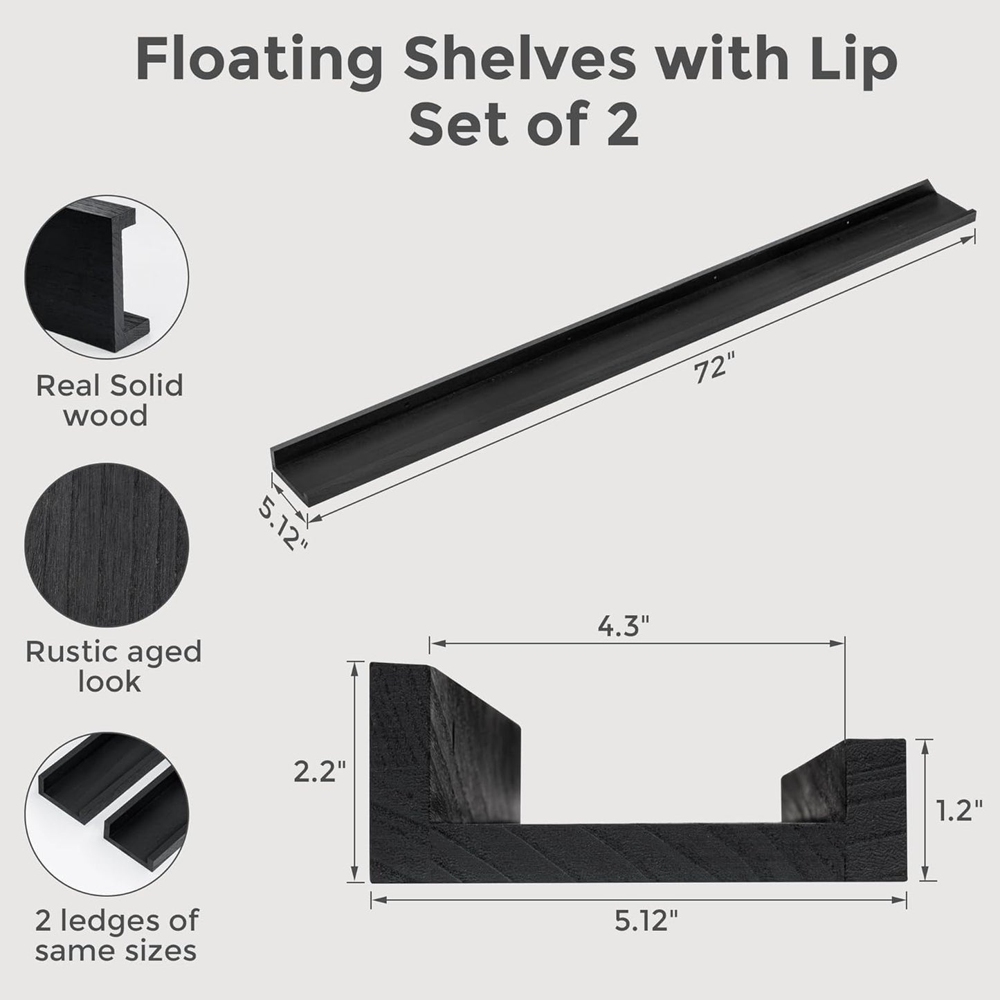 Fun Memories Black Long Picture Shelves 72 Inch, Solid Wood Floating Shelves Photo Shelf with Lip, Large Wall Mounted Display Shelves for Living Room, Bedroom, Kitchen