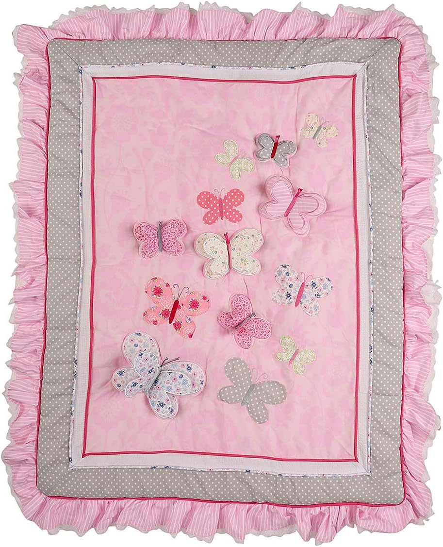7 PCs Pink Embroidery Butterfly Nursery Crib Bedding Set 100% Cotton Baby Girl 3D Butterfly Themed Cot Bedding Set 1 Quilt, 2 Fitted Sheet, 1 Window Valance, 3 Butterfly Shaped Wall Decor