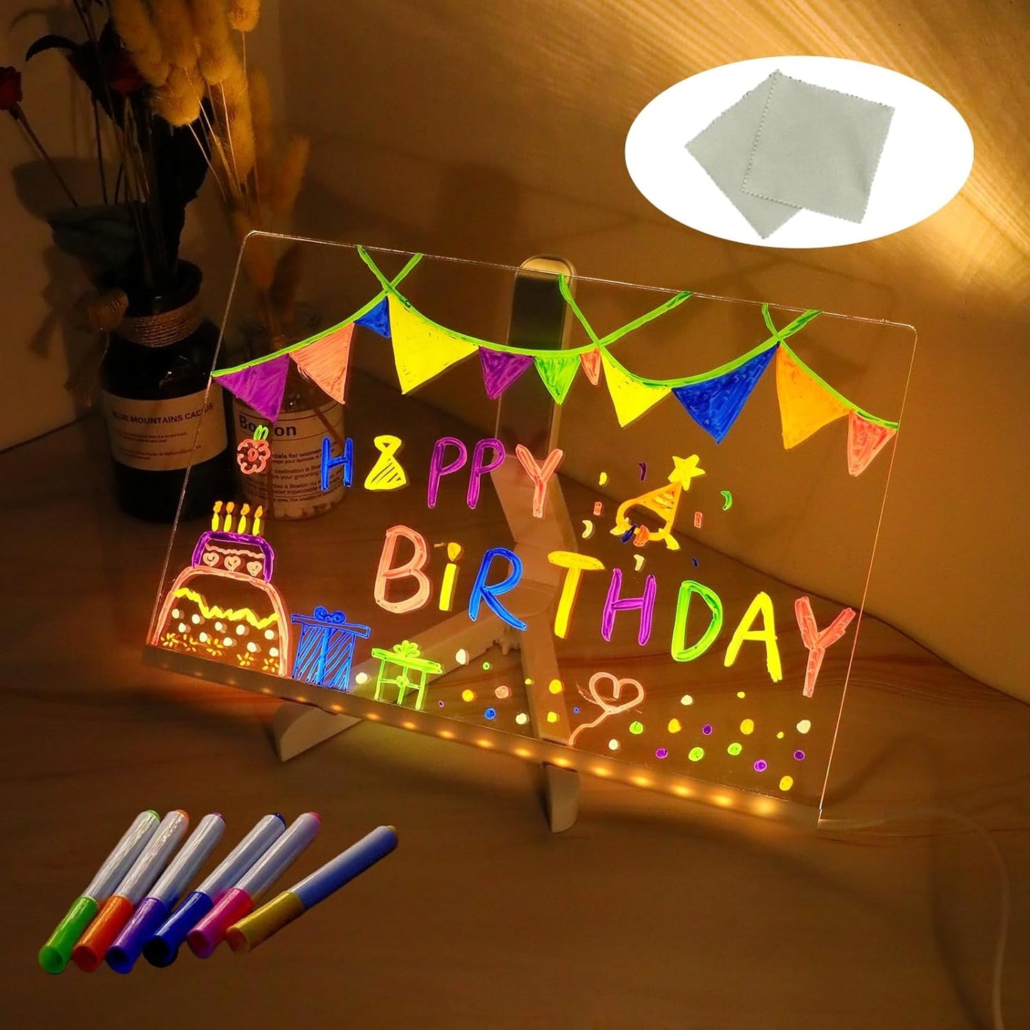 LED Drawing Board, Light Up Erasable Acrylic Message Board with Night Light, Neon Writing Tablet with Adjustable Stand & 12 Color Pens for Kids, Office, and Home Decor (11.8 * 7.9in)