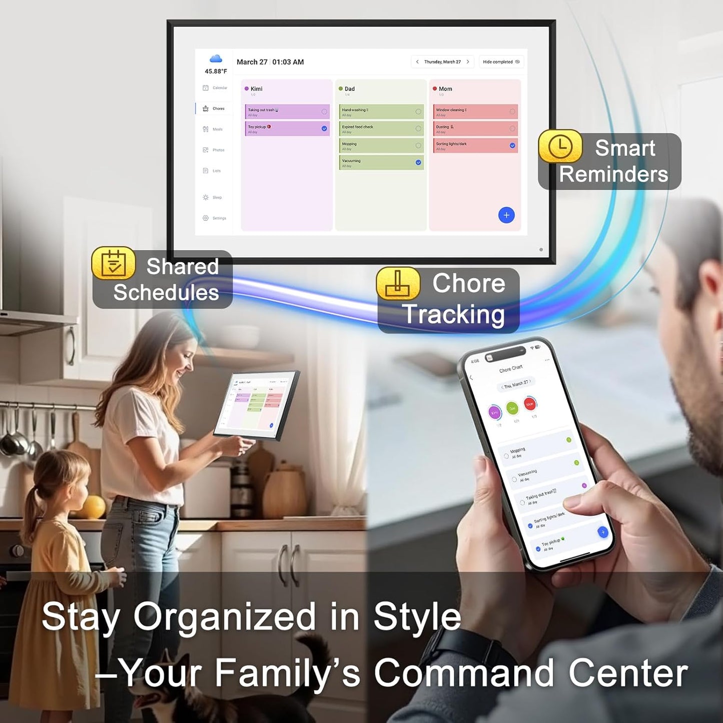 10.1 Inch Smart Digital Calendar & Chore Chart Full HD Touchscreen Display WiFi Sync Electronic Planner for Family Schedules Includes Desk Stand Streamline Home Organization Gift for mother mom women