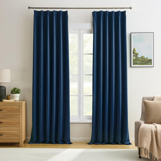 Pinch Pleated Curtains 104 Inches Long 2 Panels Set, Dark Indigo Blue Drapes Thermal Insulated Blackout Room Darkening Curtains for Bedroom,Window Draperies with Hooks(Navy Blue,40x104-inch)