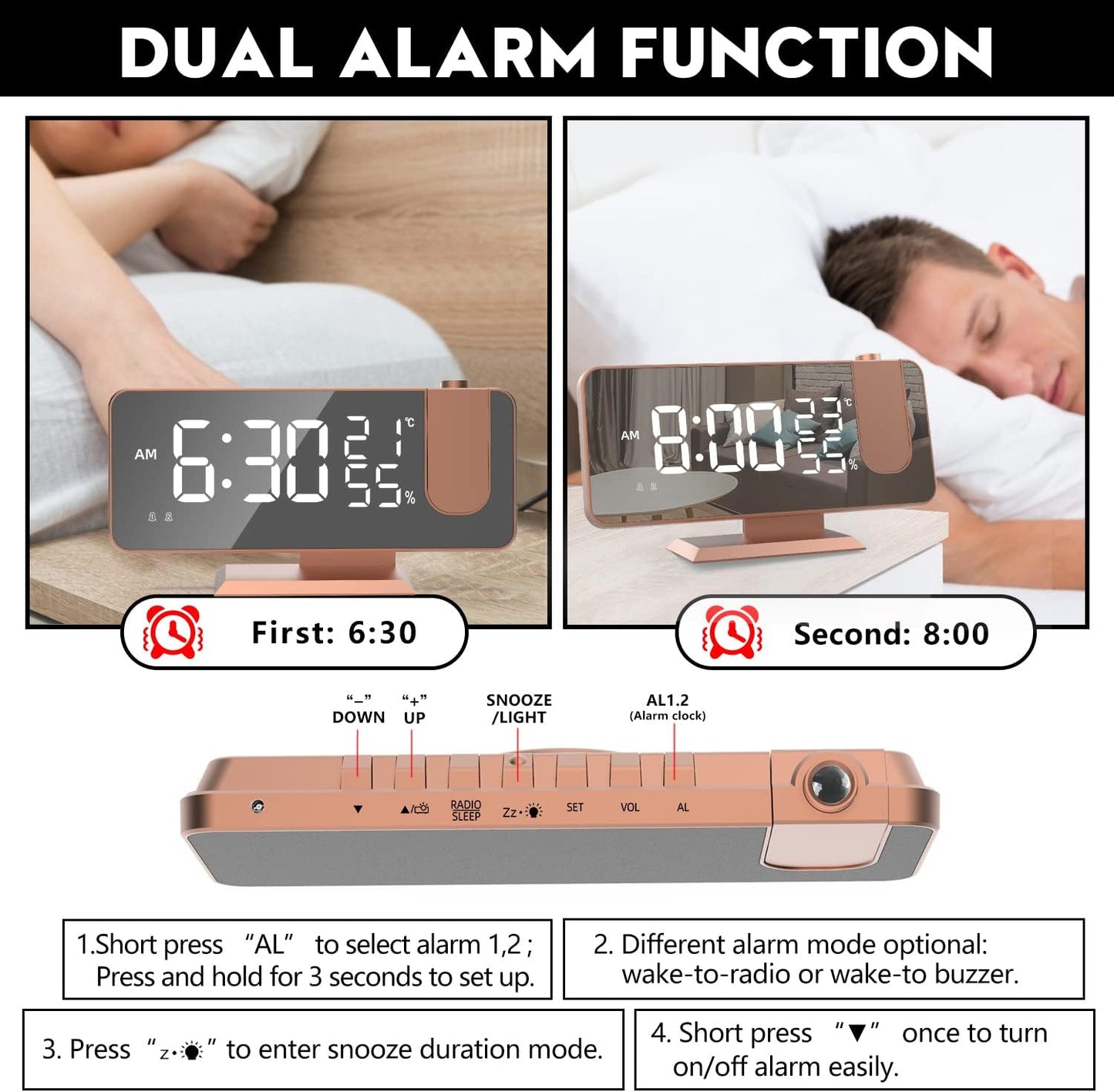 Projection Digital Alarm Clock for Bedrooms, Alarm Clock Radio on Ceiling, USB Charger Port, Temperature & Humidity Display, 7.3” Large Mirror LED Display,12/24H,Snooze,Dual Loud Clock- 4 Dimmer