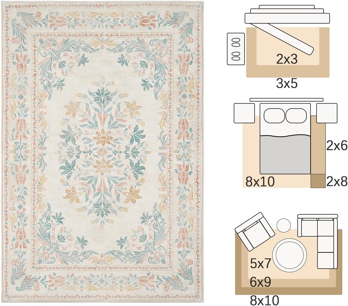 jinchan Vintage Floral 3x5 Area Rugs for Entryway - Machine Washable Distressed Design Ultra-Thin Low-Pile Soft Non-Shedding Carpet for Kitchen Bedroom Laundry Living Room (3x5ft,Apricot Multi)