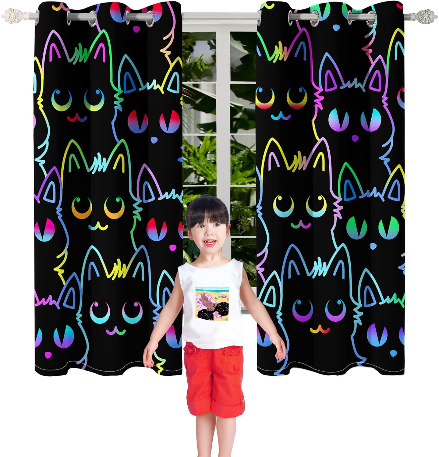 Cat Curtain Panels for Girls - 2Pcs Cat Blackout Curtains for Girls Bedroom, 82" W x 63" L