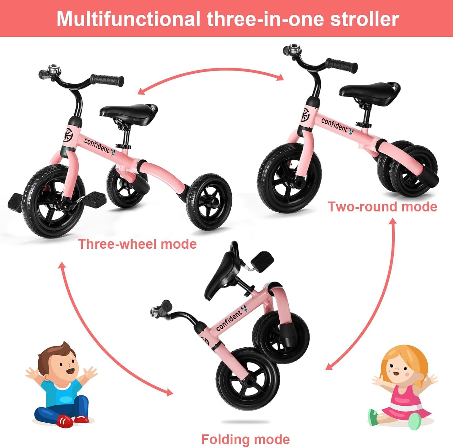 Ancaixin 3 in 1 Toddler Tricycles for 2-5 Years Old Boys and Girls with Detachable Pedal and Bell, Foldable Baby Balance Bike Riding Toys for 2+ Kids, Child Birthday Christmas New Year Gift Pink