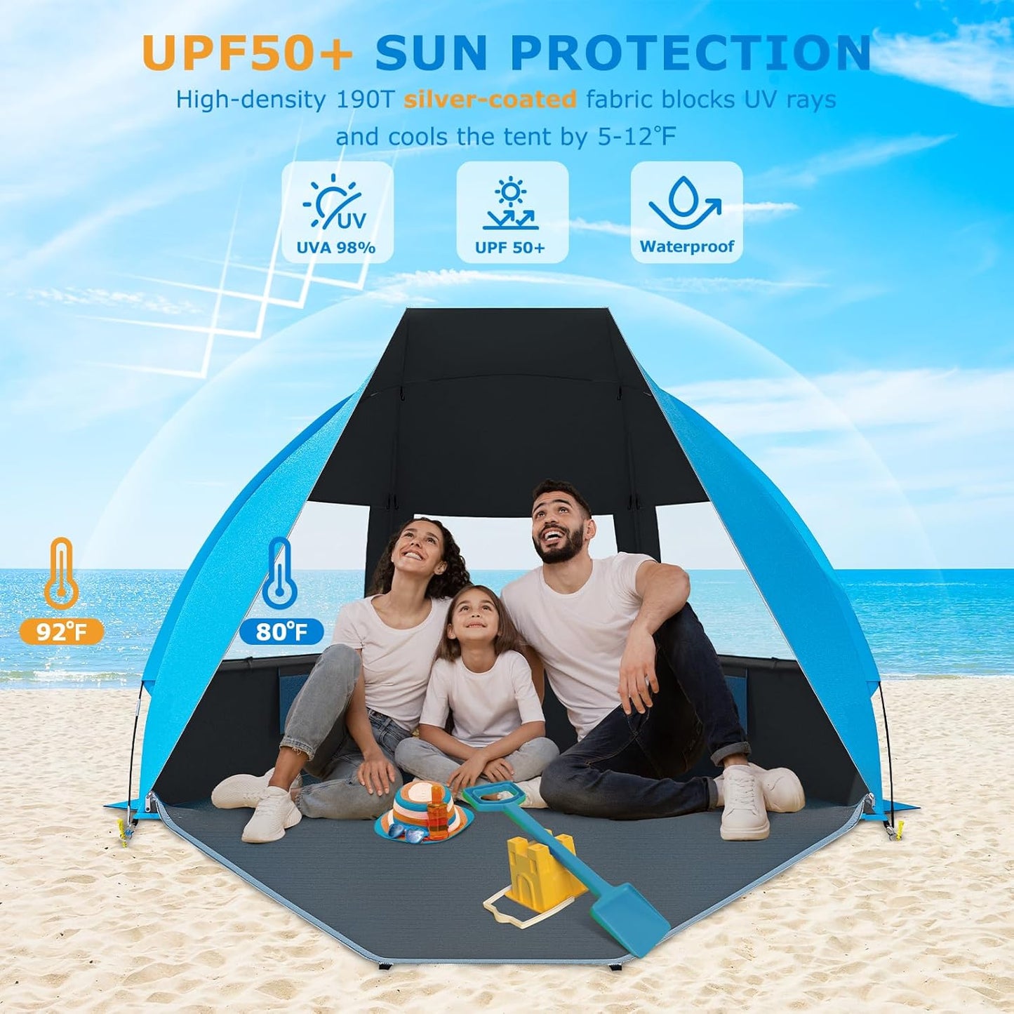 Gorich Portable Beach Tent for 3/4-5/6-7 Person with UPF 50+ UV Protection, Lightweight & Foldable Sun Shelter with 5 Sand Bags, Easy Setup Windproof Beach Umbrella Sun Shade