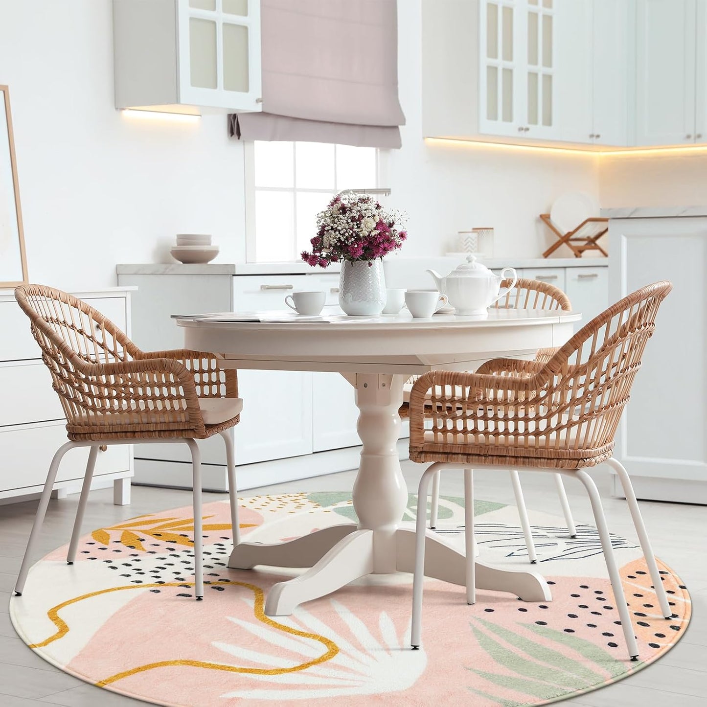 Lahome Pink Round Rugs 8Ft - Washable Boho Area Rug for Living Room Non-Slip Soft Ultra-Thin Large Round Rug Dining Room Rug, Botanical Print Floor Round Carpet for Bedroom Office Dorm (Pink, 8'x8')