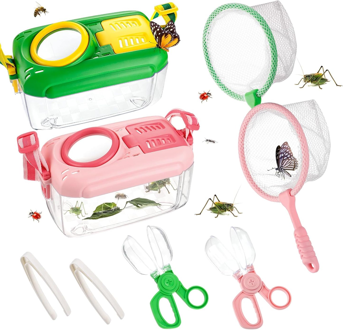2Sets Bug Catcher for Kids - Sturdy Kids Bug Catching Kit Gifts with Collector Butterfly Net Tweezer, Bugs Habitat Outdoor Explorer Kit for Age 3 4 5 6 7 8, 8Pcs, Green & Pink