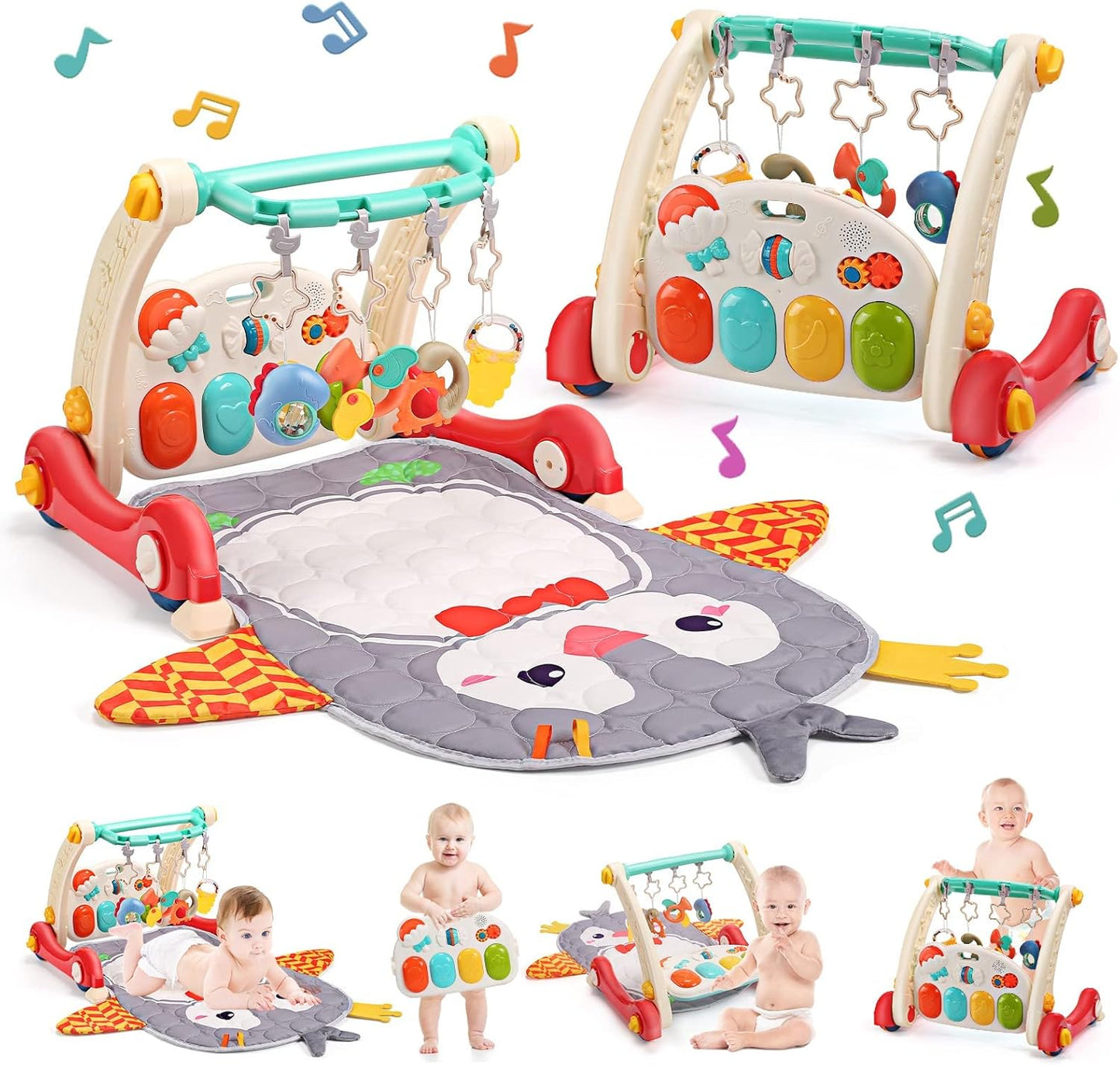 CUTE STONE Baby Gym Play Mat & Learning Walker, Activity Mat with Play Piano, Musical Activity Center with Lights, Baby Push Walkers & Tummy Time Mat for Infant Newborn Toddlers
