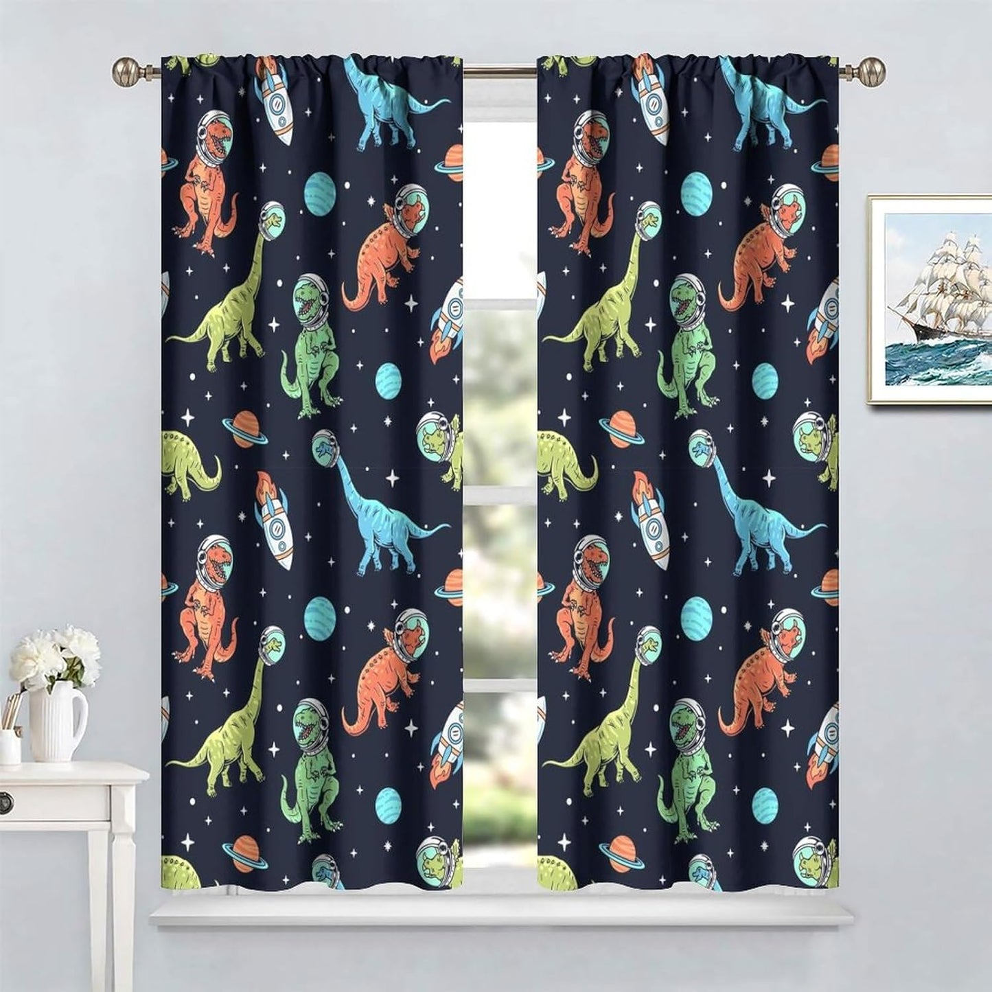Cartoon Dinosaur Curtains for Kids Boys Girls Home Decor, Astronaut Rocket Funny Outer Space Blackout Rod Pocket Window Drapes for Bedroom Living Room W31.5xL72in 2 Panels