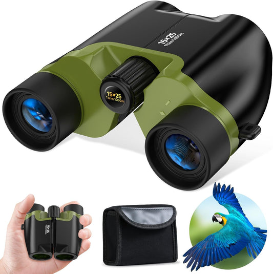 High Powered 15x25 Compact Binoculars for Adults&Kids with BAK4 Prism,FMC Lens,Waterproof Binocular with Low Light Vision,Small Binoculars for Cruise Ship/Theater/Travel/Sightseeing (Green)