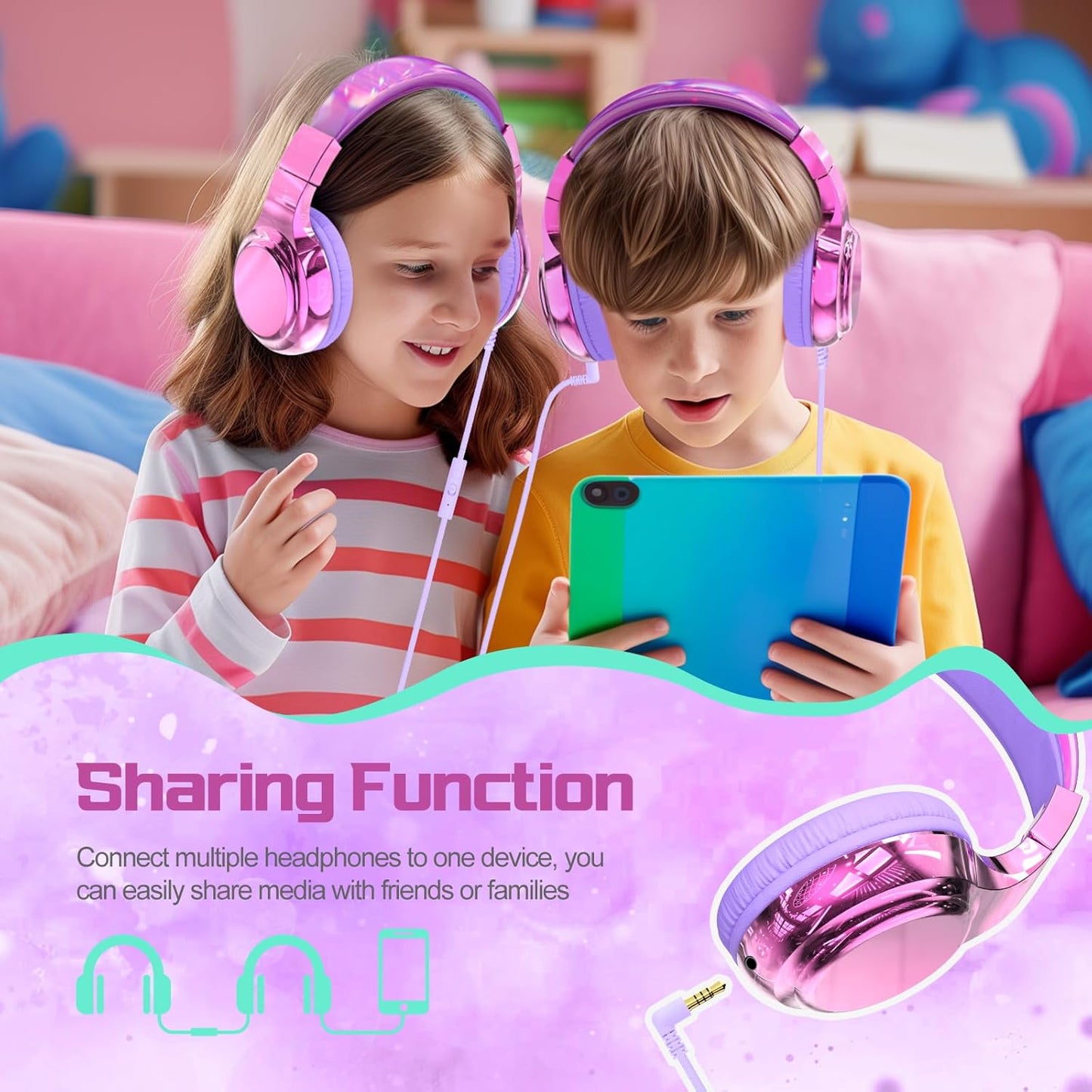 QearFun Kids Headphones Wired with Mic, 85/94dB Safe Volume Limit, Foldable Over Ear, Tangle-Free Cord & Sharing Port, Wired On-Ear Headset for School, Chromebook, Tablet, Travel - Boys & Girls