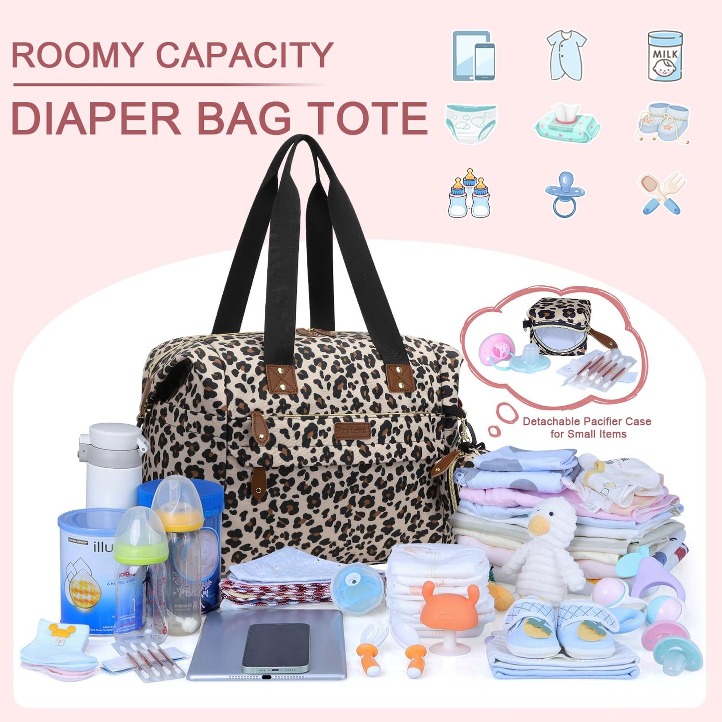 Diaper Bag Tote - Diaper Baby Bags with Pacifier Case, Shoulder Straps, Stroller Clips, Waterproof Large Mommy Maternity Travel Baby Bag for Mom and Dad, Leopard Print