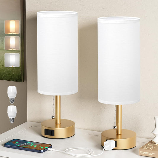 Gold Bedside Table Lamps Set of 2-3 Color Temperatures Pull Chain Lamp with AC Outlet Charging Port, Two Round Night Stand Lamps for Bedroom Office Living Room