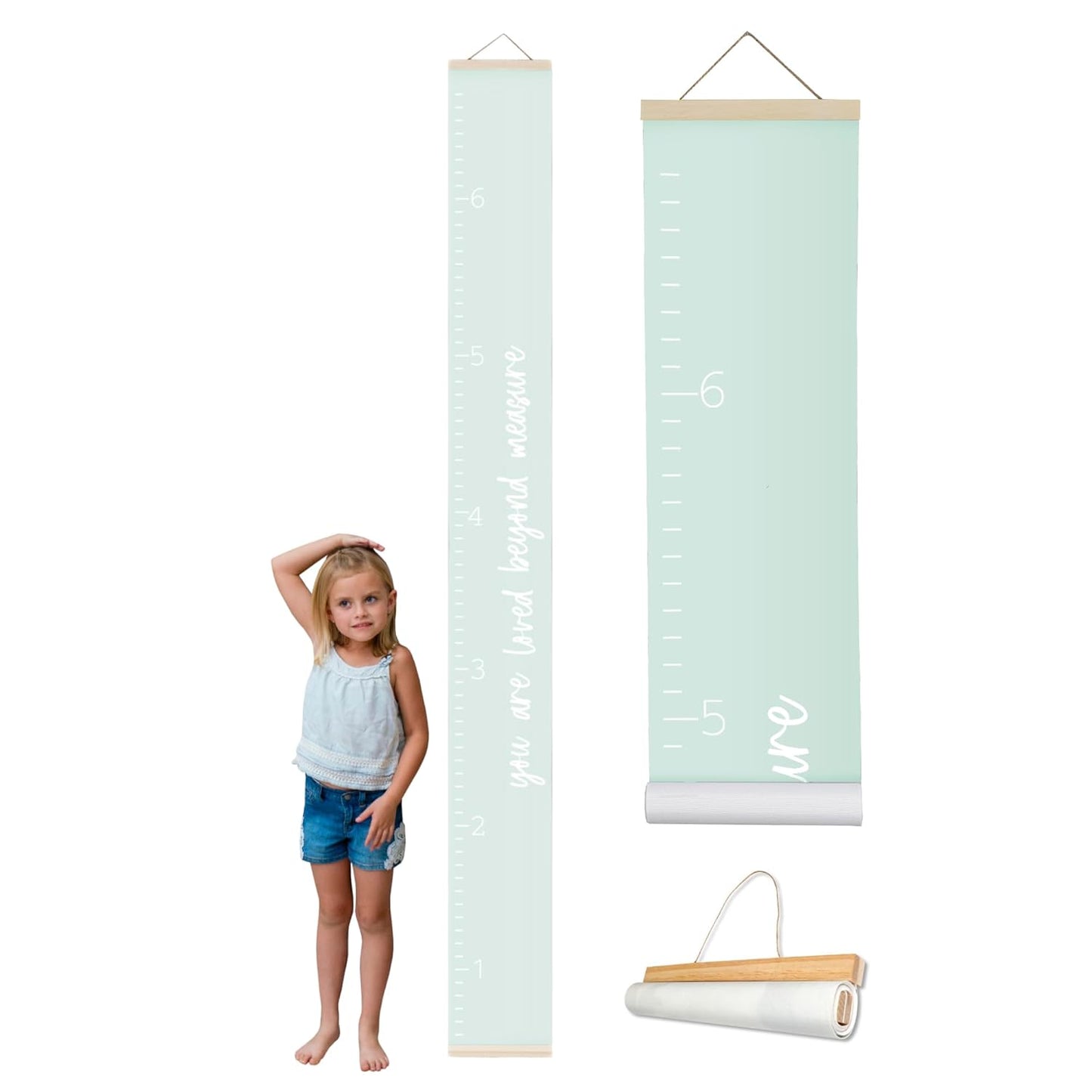 Morxy Canvas Growth Chart for Kids - Unisex Kids Room Wall Decor - Measuring Height Chart- Wall Tape with Height Chart for Kids (Canvas Loved Beyond Measure, Mint Green)