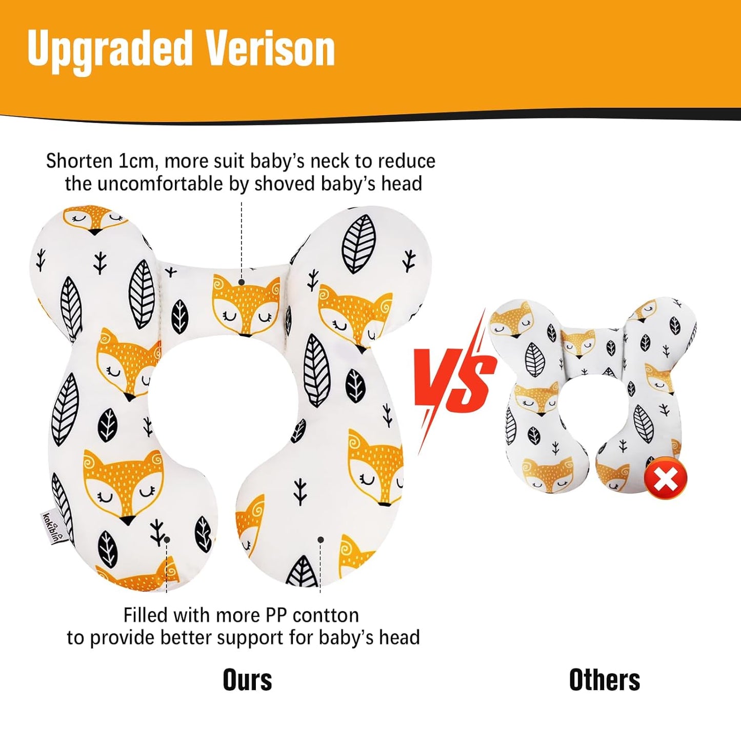 KAKIBLIN Baby Neck Pillow, Upgraded Baby Support Pillow for Head and Neck, Babies Head Pillow for Car Seat,Pushchair,Travel(Yellow Fox)