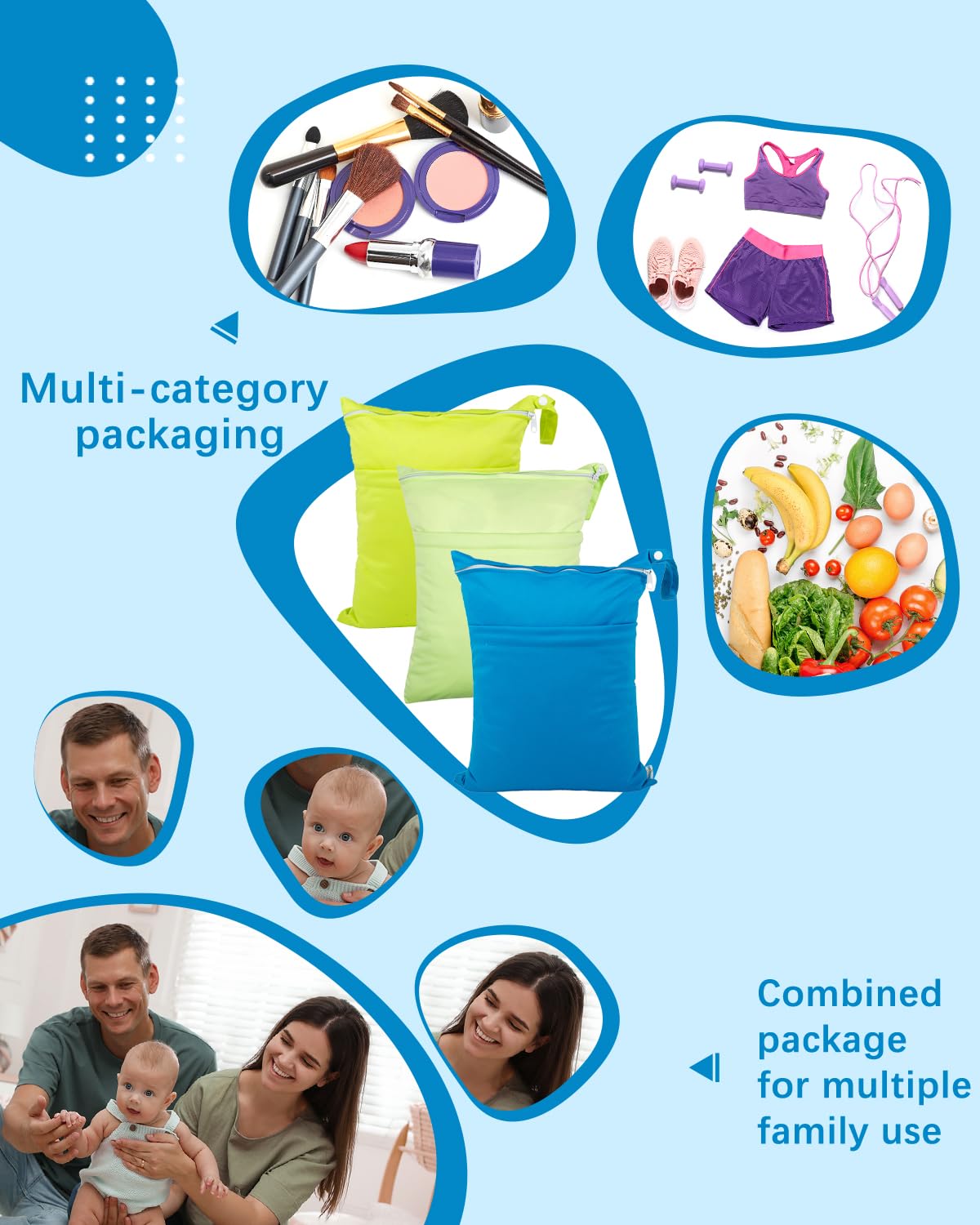 babygoal Wet Dry Bags 3 Pack for Baby Cloth Diapers, Washable Travel Bags, Beach, Pool, Gym Bag for Swimsuits & Wet Clothes with 2 Pockets 3LN10