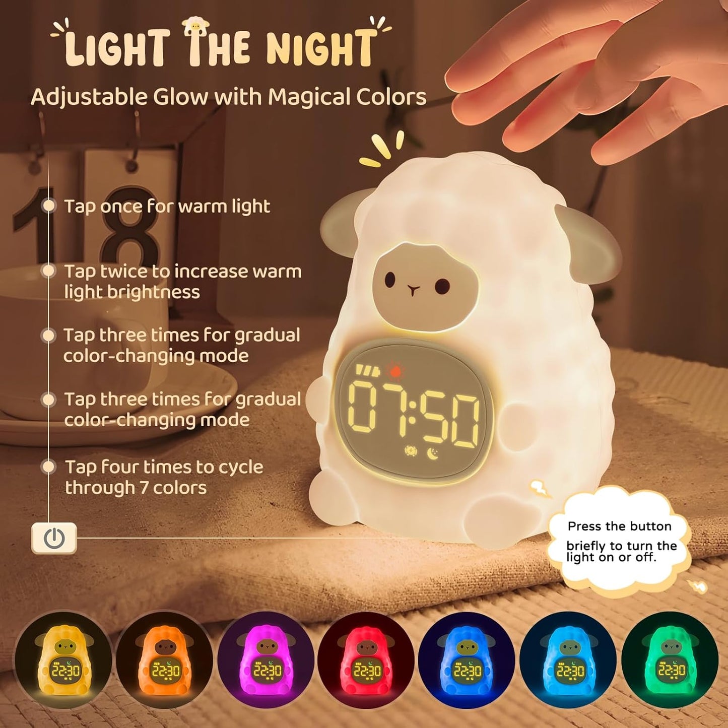 Sheep Alarm Clock with Night Light for Kids with Sleep Training and Sound Machine, Rechargeable Silicone Lamp OK to Wake Clock，Cute Animal Tabletop Lamp, Perfect Sleep Companion for Boys Girls, Khaki