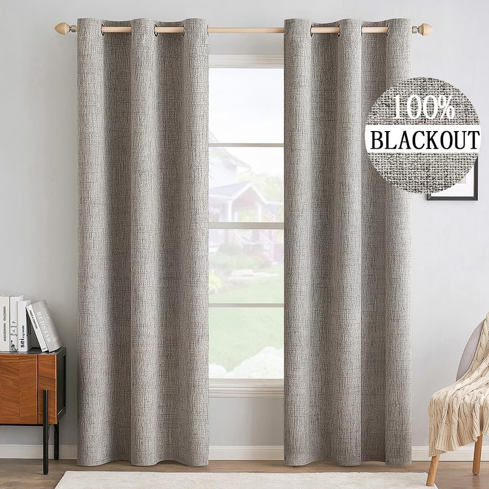 MIULEE 100% Blackout Linen Textured Curtains for Bedroom Solid Thermal Insulated Warm Taupe Grommet Room Darkening Curtains & Drapes Luxury Decor for Living Room Nursery 42 x 84 Inch (2 Panels)