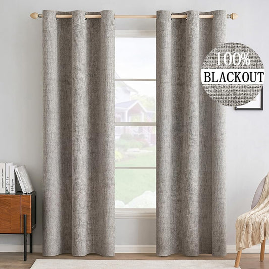 MIULEE 100% Blackout Linen Textured Curtains for Bedroom Solid Thermal Insulated Warm Taupe Grommet Room Darkening Curtains & Drapes Luxury Decor for Living Room Nursery 42 x 84 Inch (2 Panels)