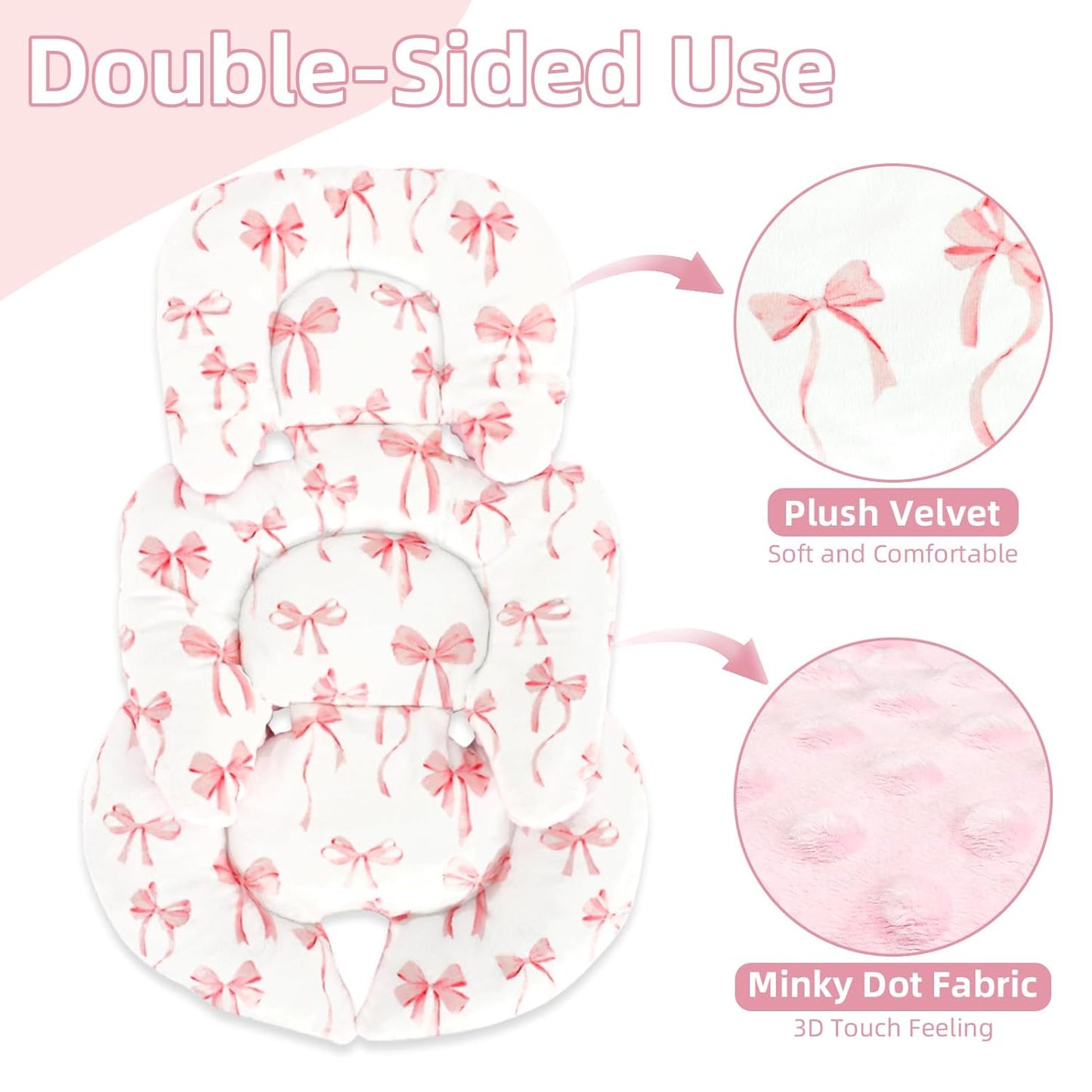Infant Car Seat Insert Cushion, Baby Car Seat Head Body Support for Girls & Boys, Reversible Newborn Car Seat Insert with 2 Extra Strap Paddings, Premature Car Seat Cushion, Pink Bow