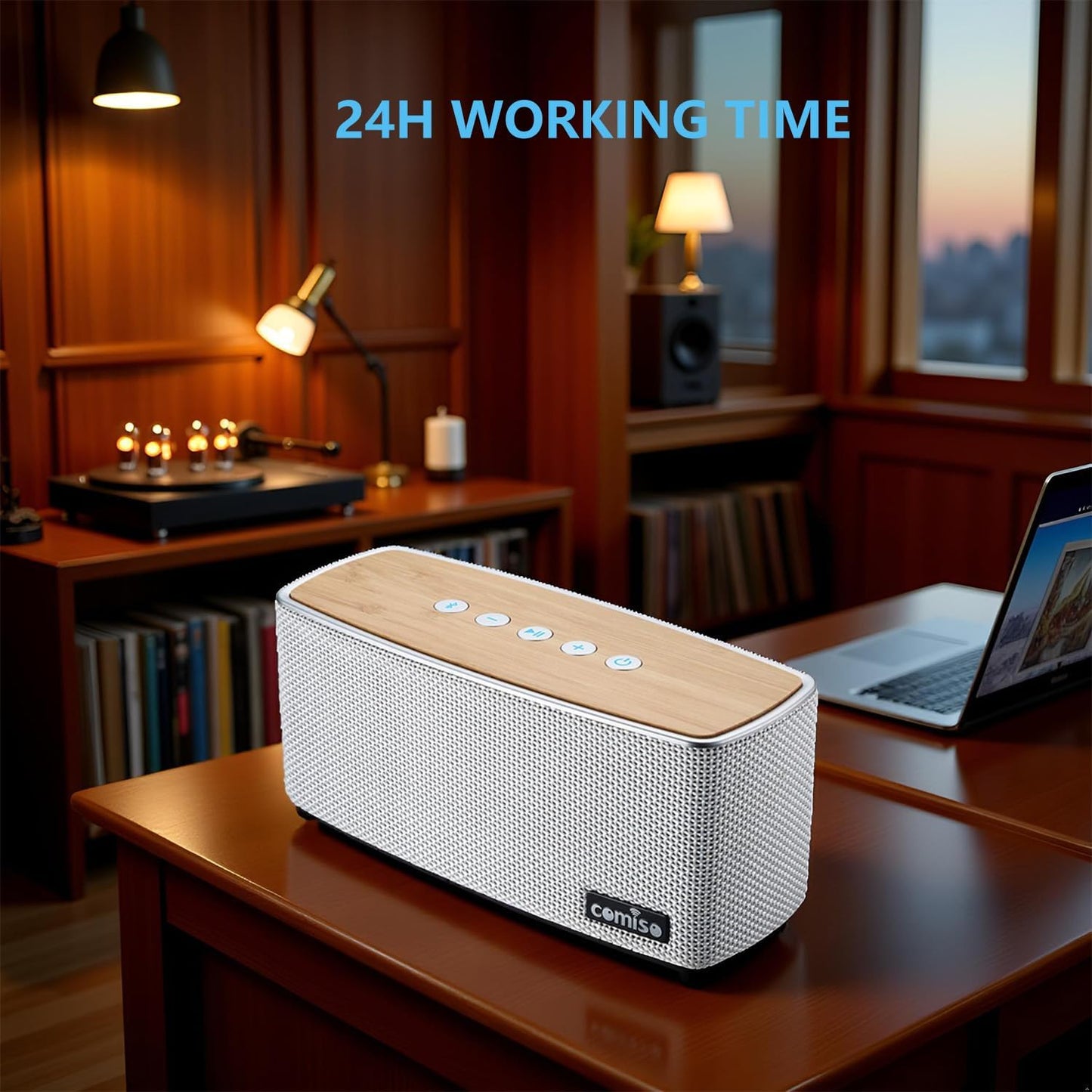 comiso Bluetooth Speakers, Portable Speaker 5.0 with 20W Stereo Sound, Wireless Stereo Pairing, Wood Bluetooth Audio with Subwoofer, 24H Playtime, Hands-Free, Great for Office, Home, Outdoor