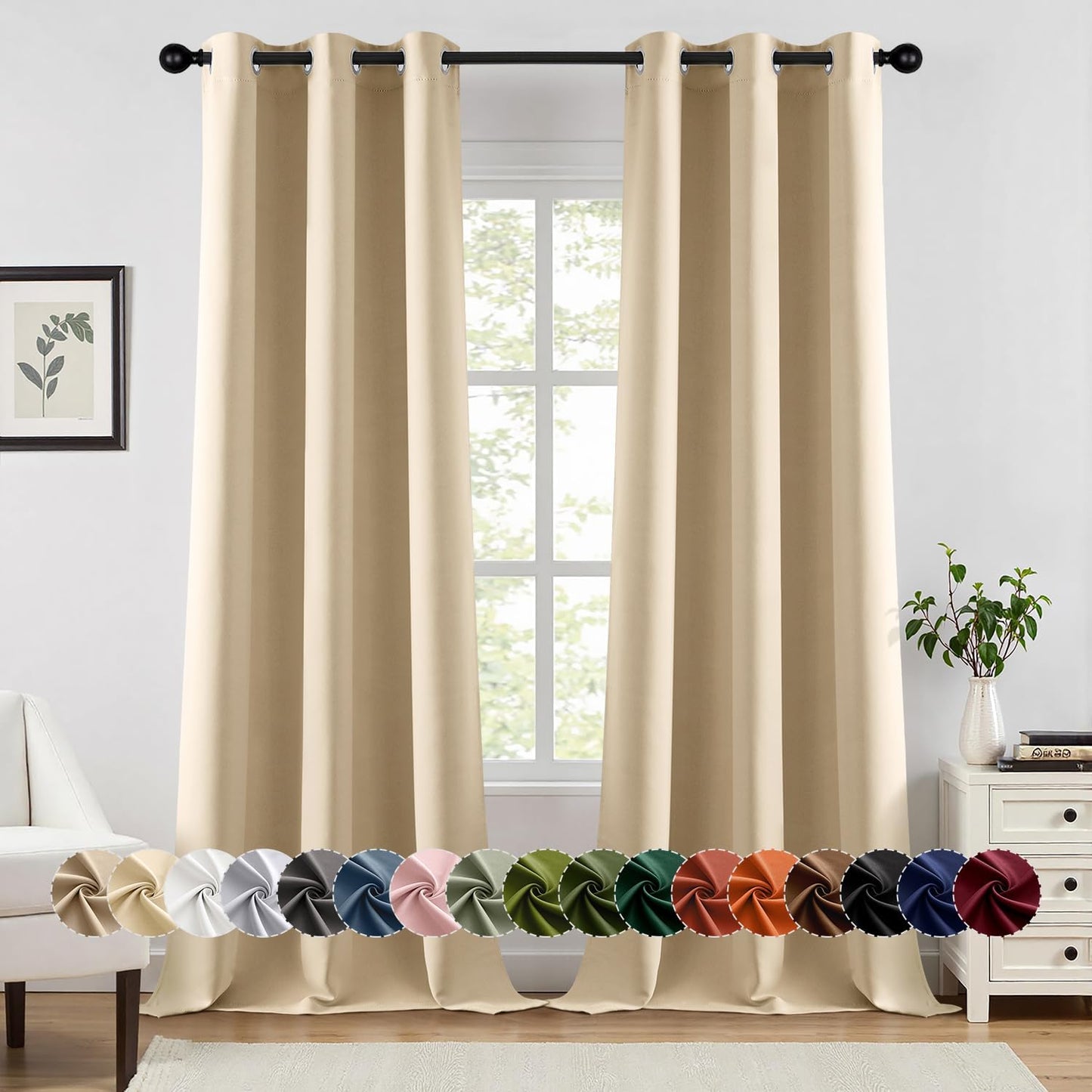 MIULEE Cream Beige Blackout Curtains for Bedroom Living Room 90 Inches Long 2 panels, Thermal Insulated Room Darkening Drapes Solid Grommet Top Noise Reducing Light Blocking Window Curtains 40x90 Inch