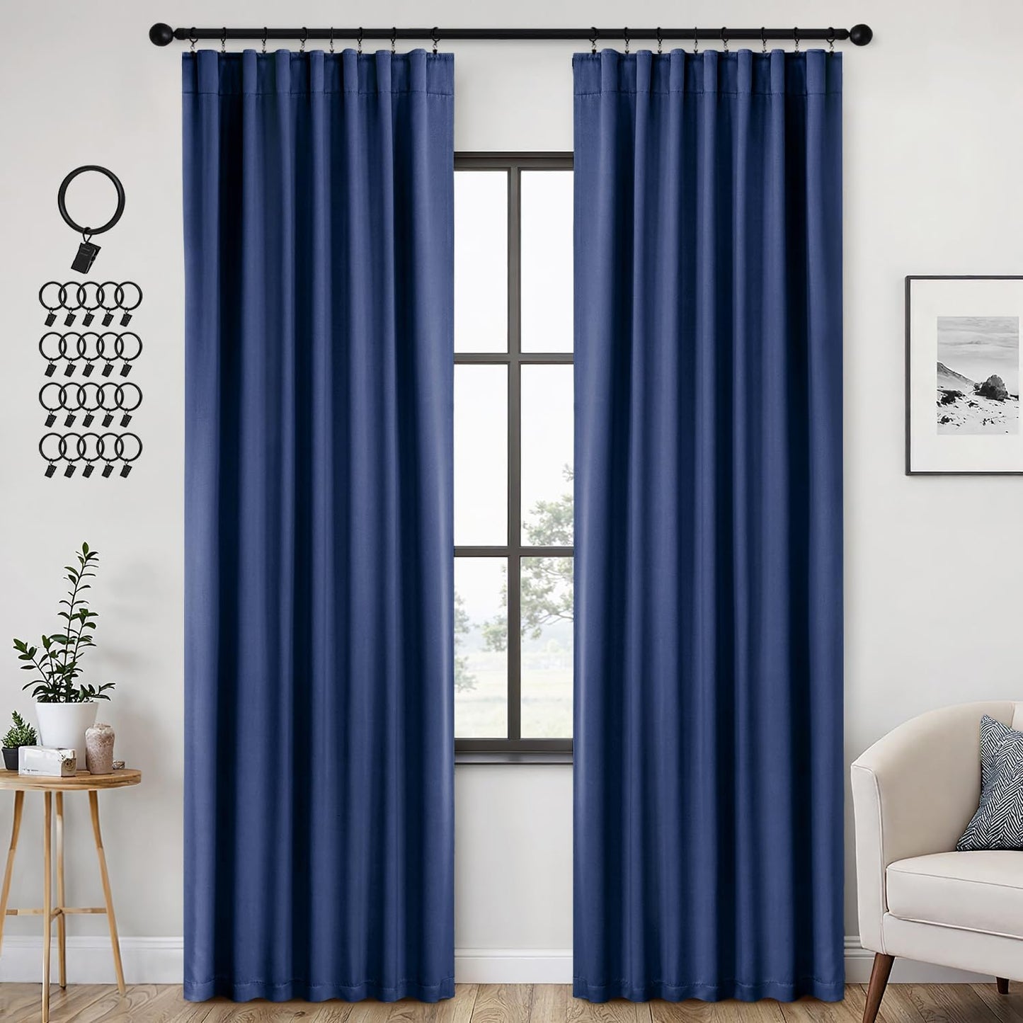 ANRODUO Back Tab Blackout Curtains for Bedroom Living Room, Rod Pocket Pinch Pleated Thermal Insulated Room Darkening Curtains 84 Inches Long 2 Panels, Navy Blue, 42 x 84 Inch