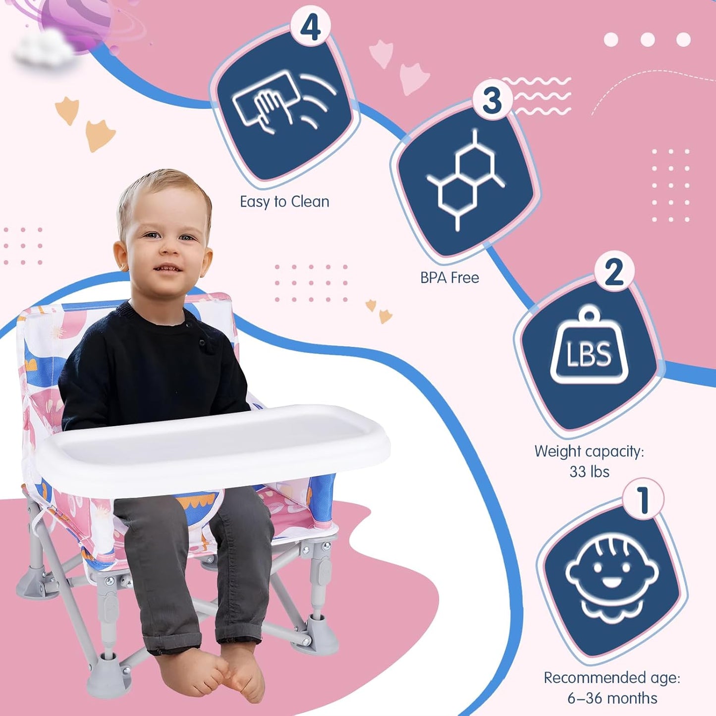 Portable Baby Booster Seat with Tray, Toddler Booster seat for Dining, Camping, Travel, Baby Beach Chair 6 Months to 3 Years Old Indoor Outdoor Use CH2408