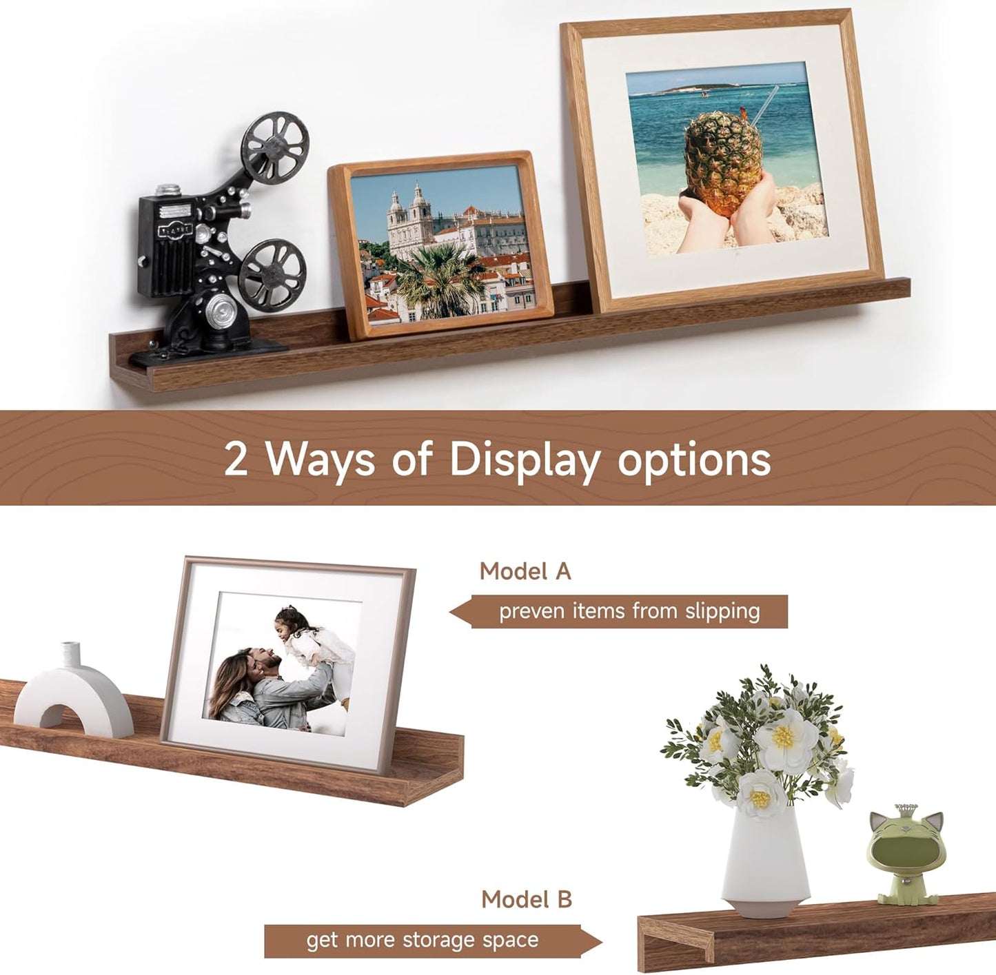 Fun Memories Picture Ledge Shelf, 36 Inch Floating Shelves Set of 2, Nursery Book Shelves for Toys Storage, Kids Bookshelf Wall Mounted for Wall Decor Books Photo Frames, Walnut