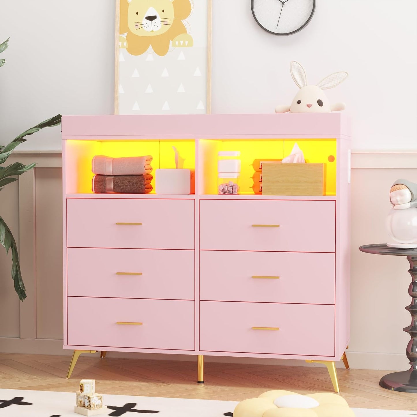 Changing Table Dresser with Drawers, Baby Dresser with Changing Table Top, Power Outlet, LED Light & Metal Feet, Diaper Changing Station Nursery Organizer for Infants Newborn, Pink