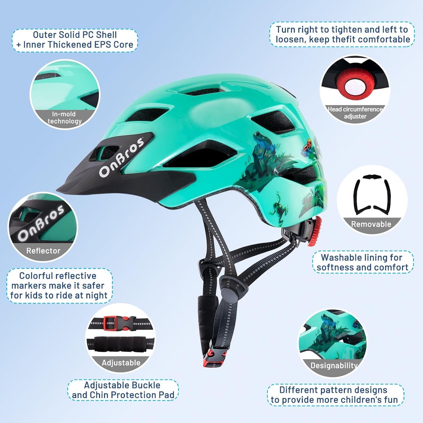 OnBros Kids Bike Helmet - Bike Helmets for 5-14 Boys or Girls with Visor, Children Bicycle Helmet for Skateboard Mountain Scooter Road Cycling, Lightweight and Adjustable 50-57CM