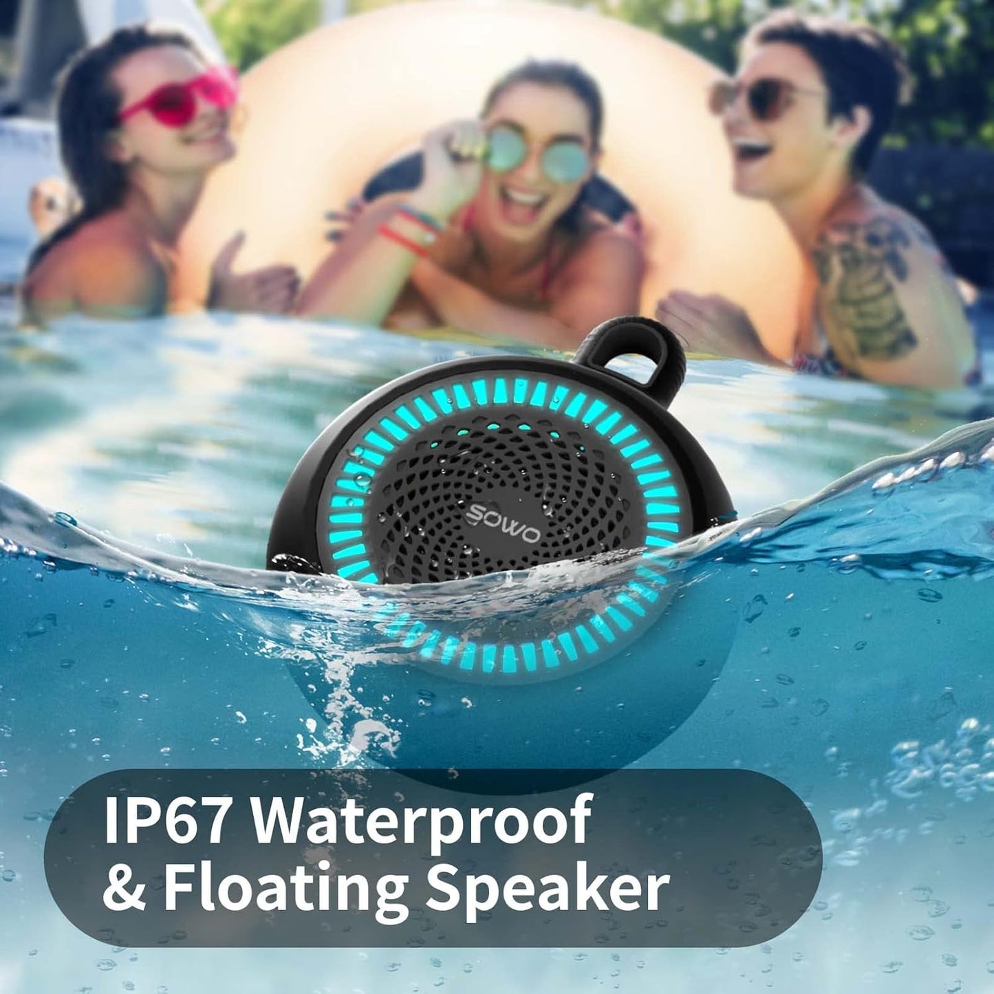SOWO Shower Bluetooth Speaker Waterproof - Small Portable Wireless Clip Speaker with Louder Volume and Powerful Bass - Colorful Lights and 10H Playtime - Lightweight for Camping,Kayak,Boat - Blue