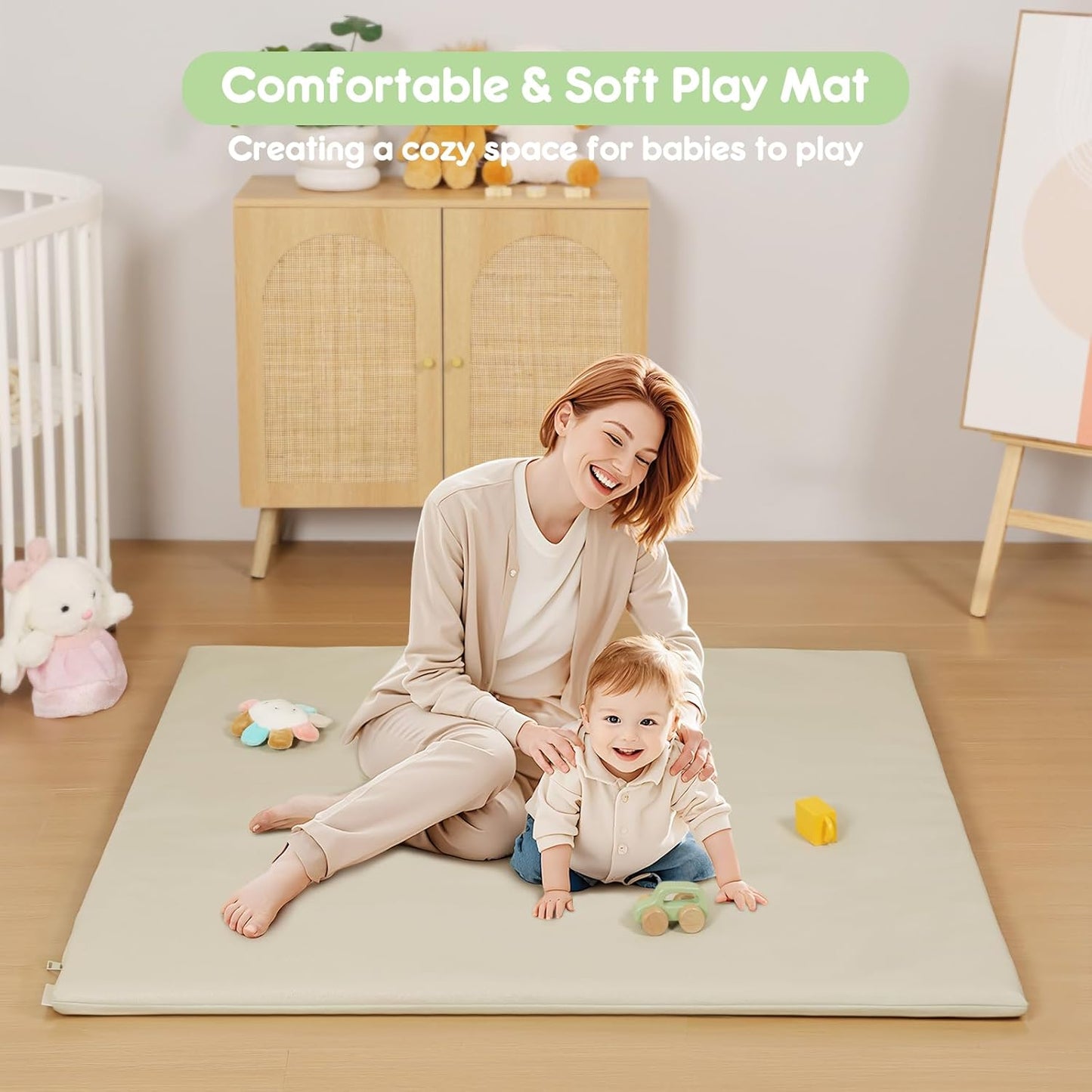 Padded Baby Play Mat, Super Soft Vegan Leather Baby Mat for Floor, 48x48 Thick Foam Cushioned Play Mat for Babies 6-12 Months, Fits Nicely Into 50x50 Playpen Mat, Grayish Green