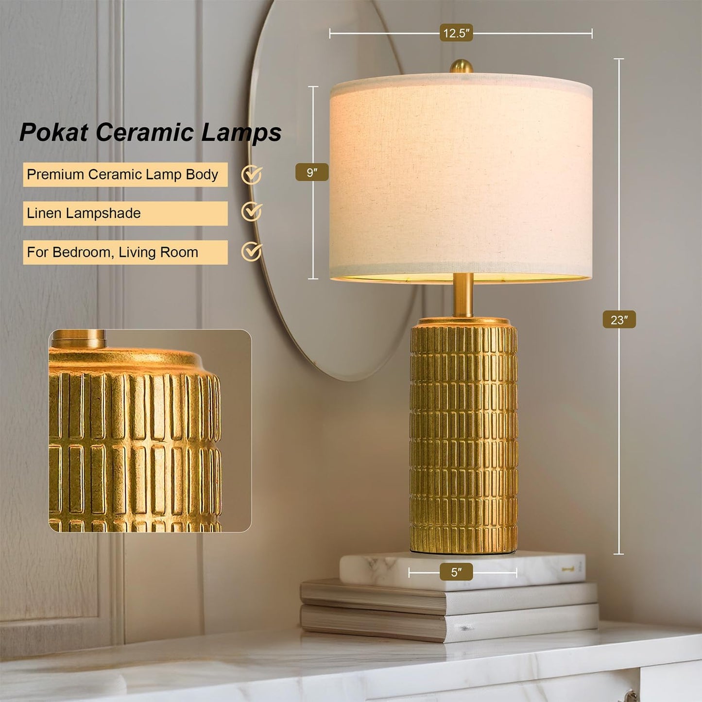 PoKat 23" Brass Gold Ceramic Table Lamps for Living Room, Retro Warm Gold Lamps for Night Stands, Vintage Bronze Decorative Lamps for Bedroom, Antique Gold Brown Nightstand Lamps for Home Decor